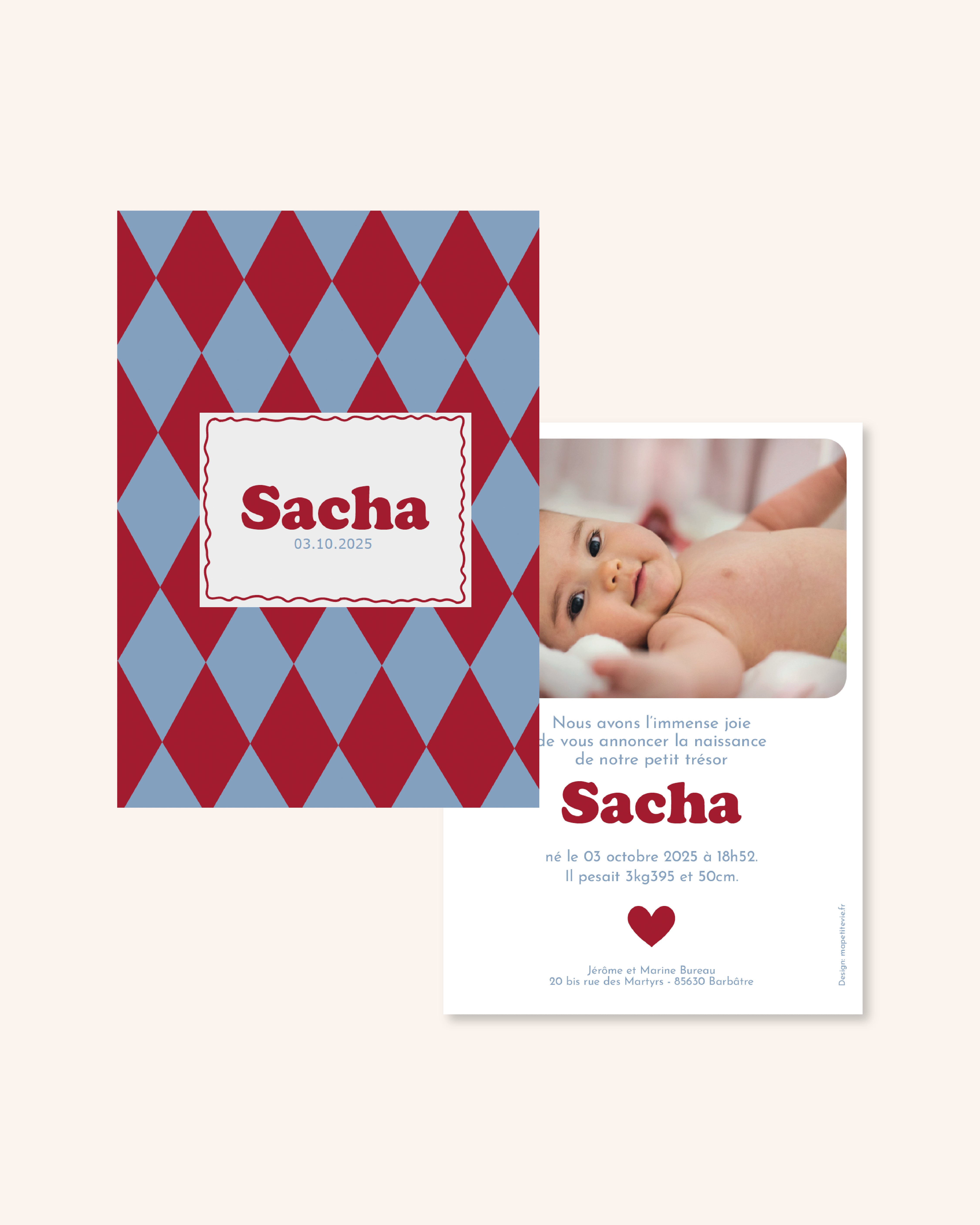 Faire-part de naissance enfant avec motif Harlequin pour annoncer la naissance de bébé.