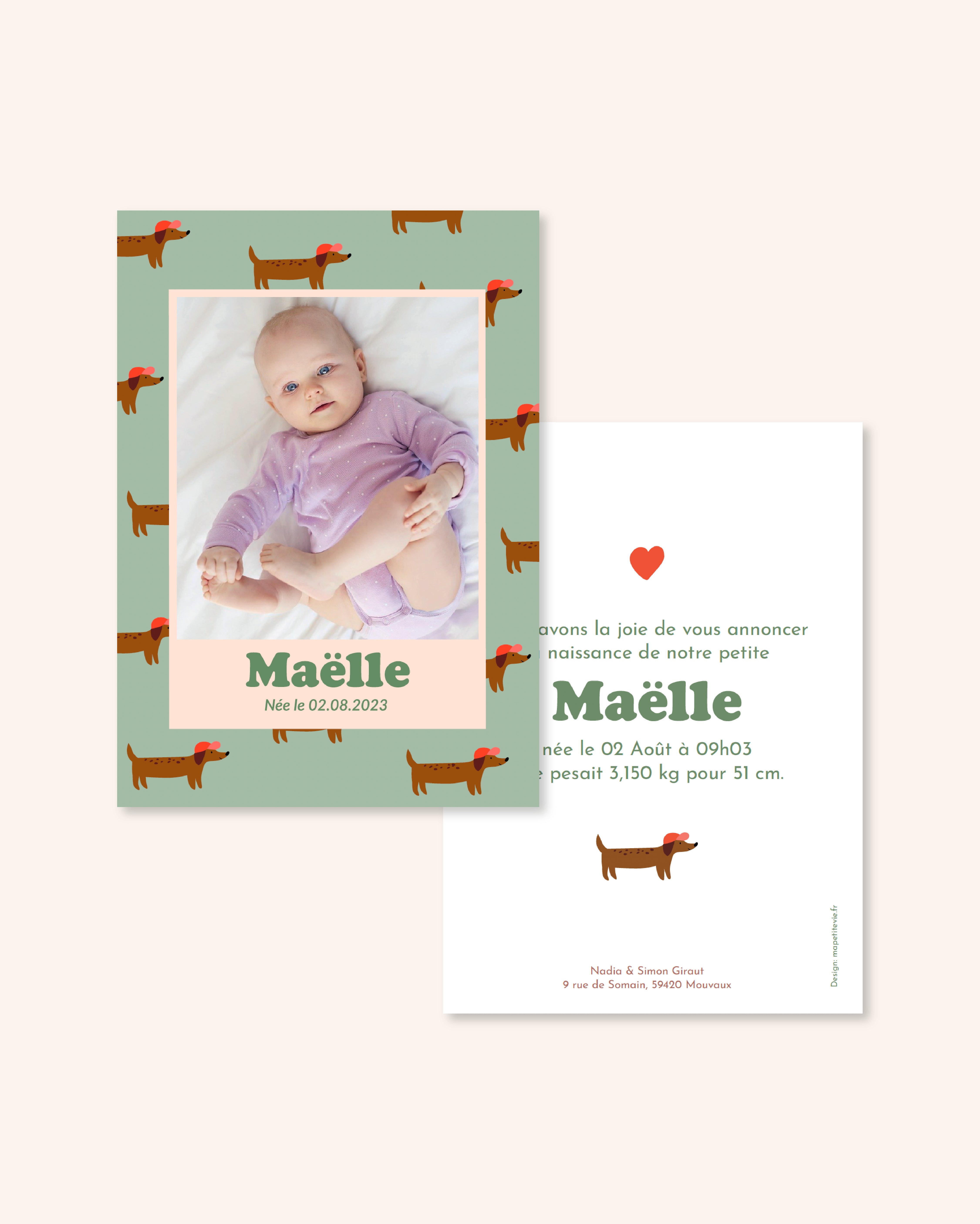 Faire-part de naissance teckels avec motif pour annoncer naissance bébé.