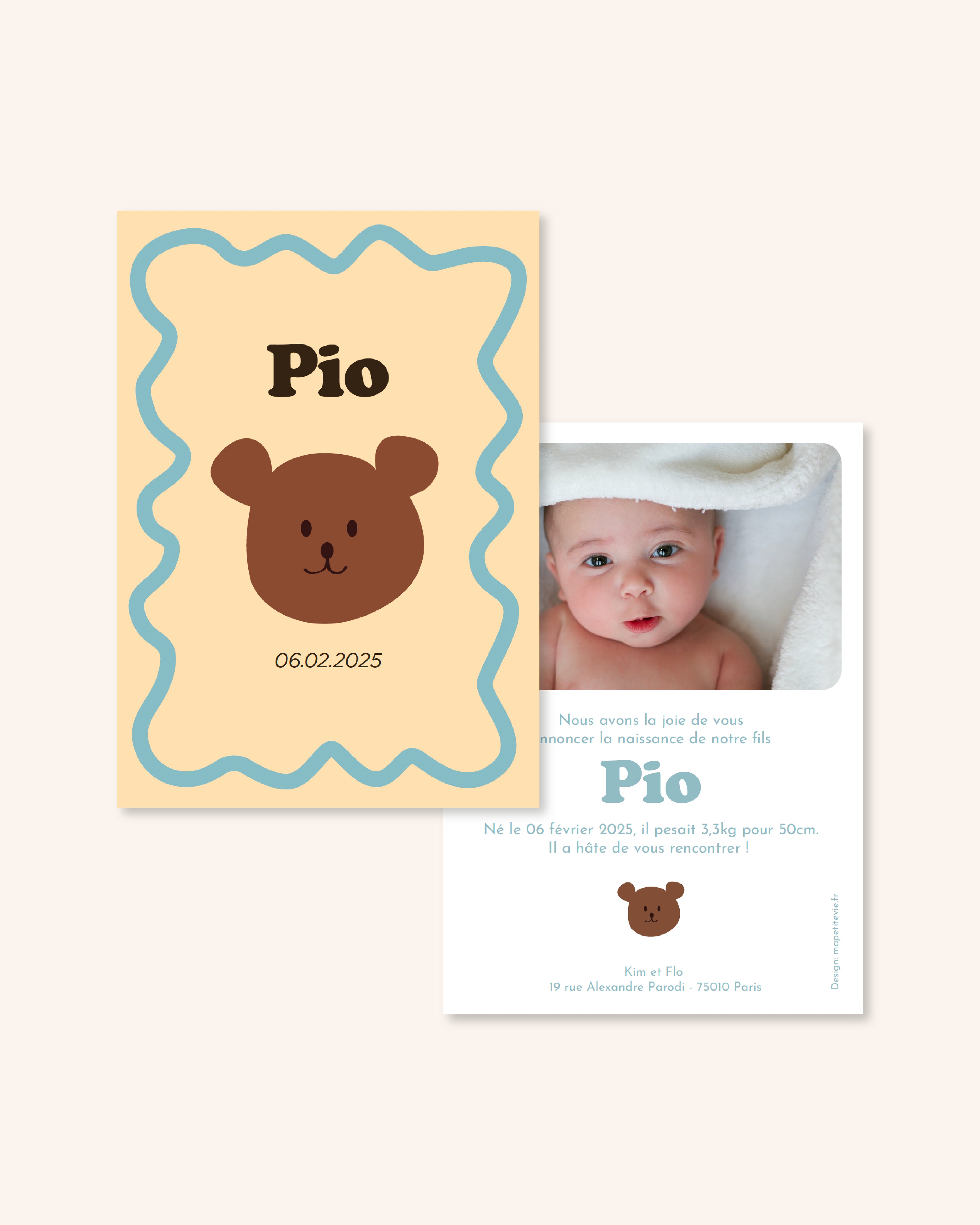 Faire-part de naissance enfant avec ours pour annoncer naissance bébé.
