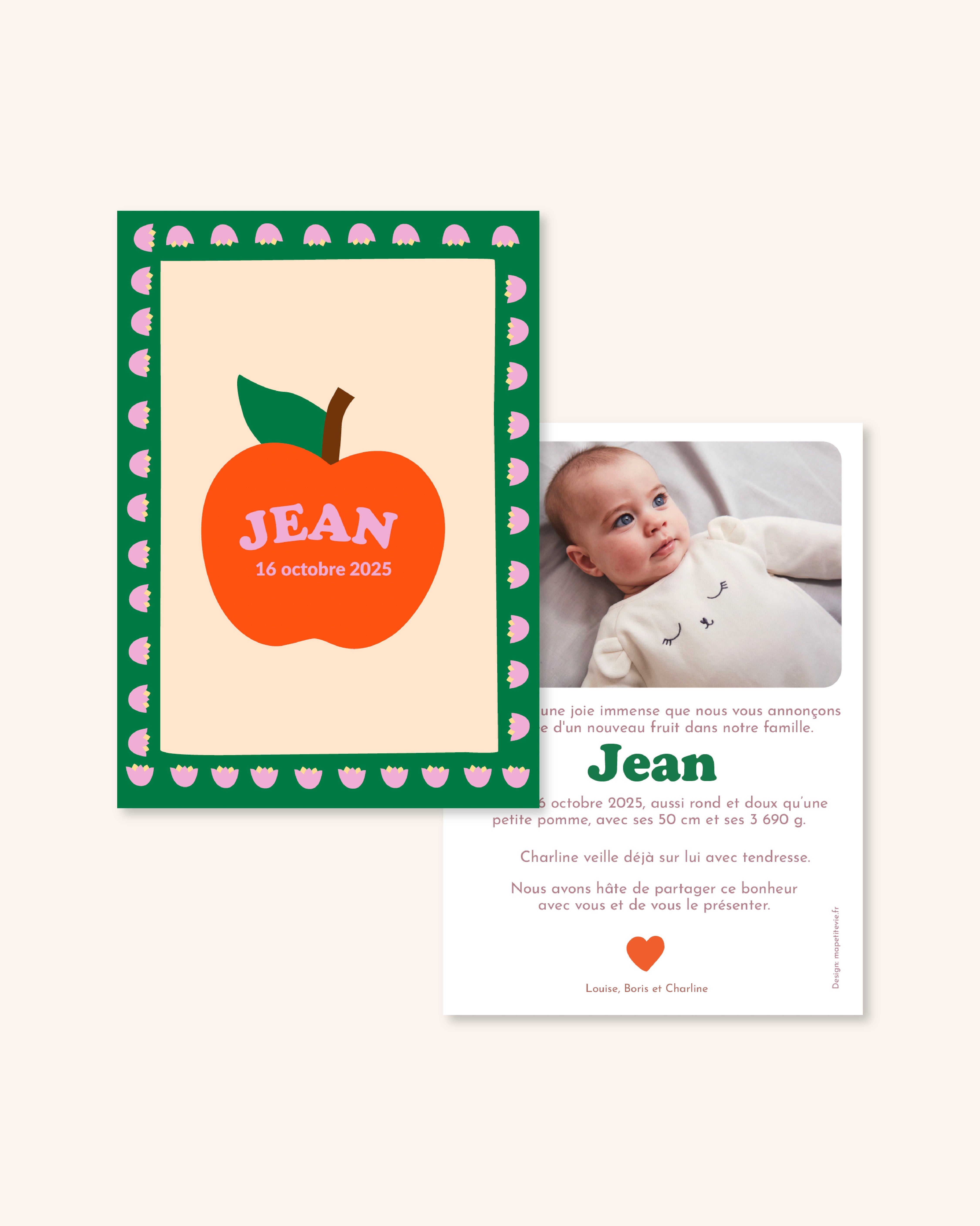 Annoncez la naissance de bébé avec le faire-part pomme rouge et jolies fleurs