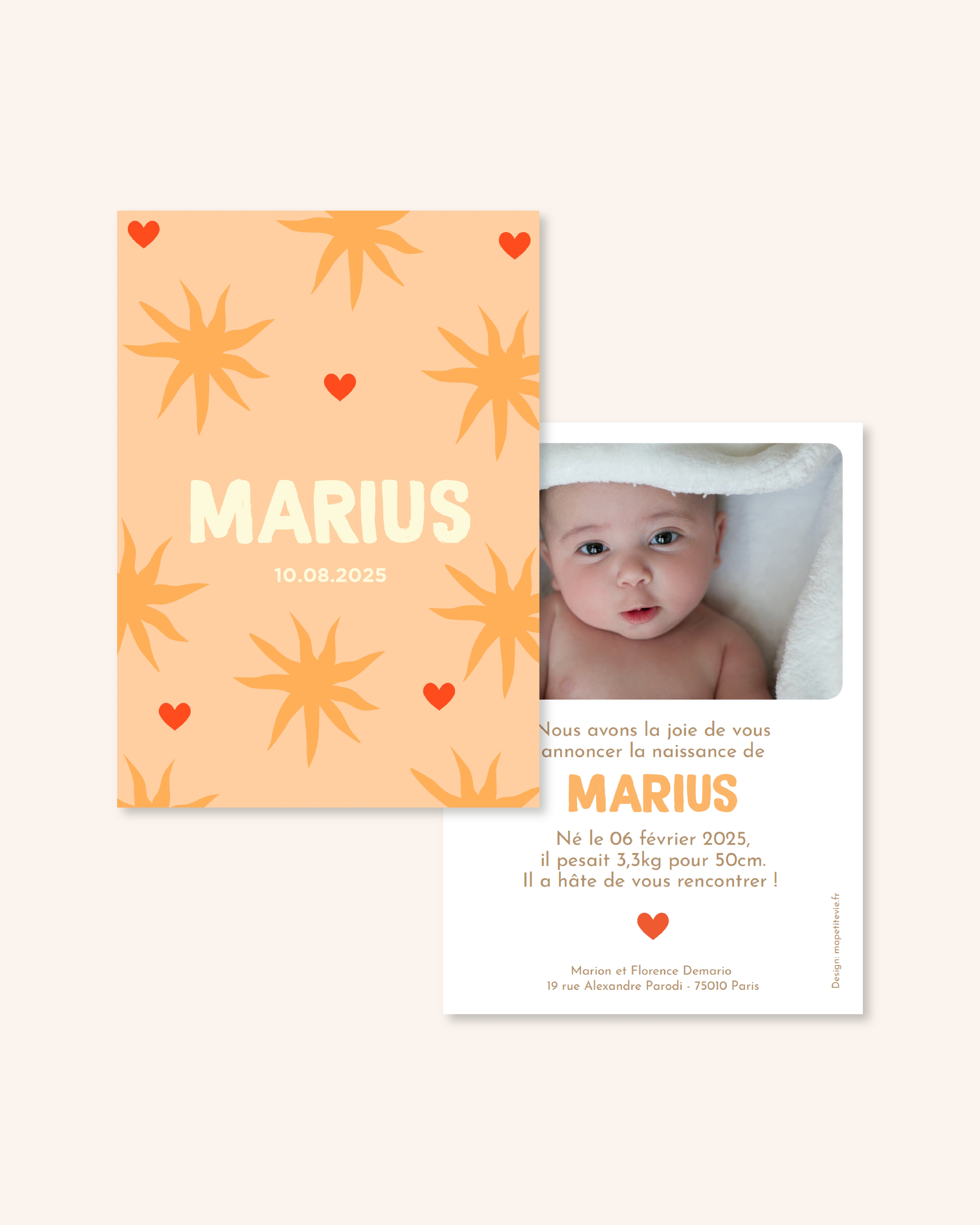 Faire-part de naissance soleils avec petits coeurs pour annoncer naissance bébé.