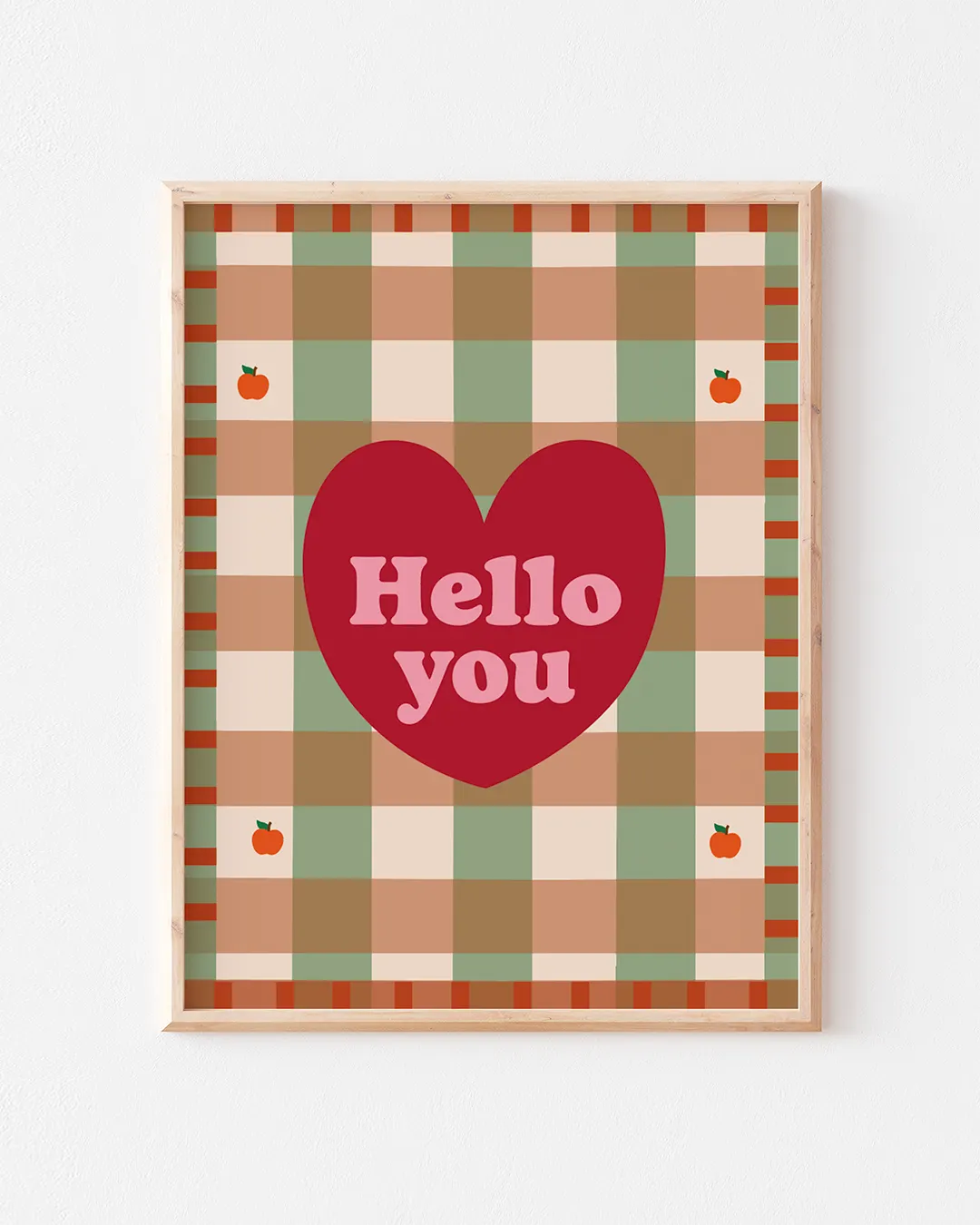Affiche Hello You pour chambre ou salon, illustration rétro et colorée avec cœur rouge et pommes acidulées, déco fun et chaleureuse.