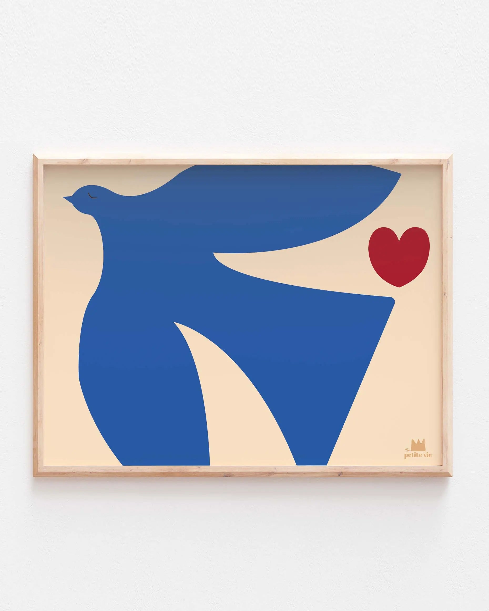 Affiche Oiseau bleu – Illustration poétique sur fond crème avec coeur rouge – Décoration murale