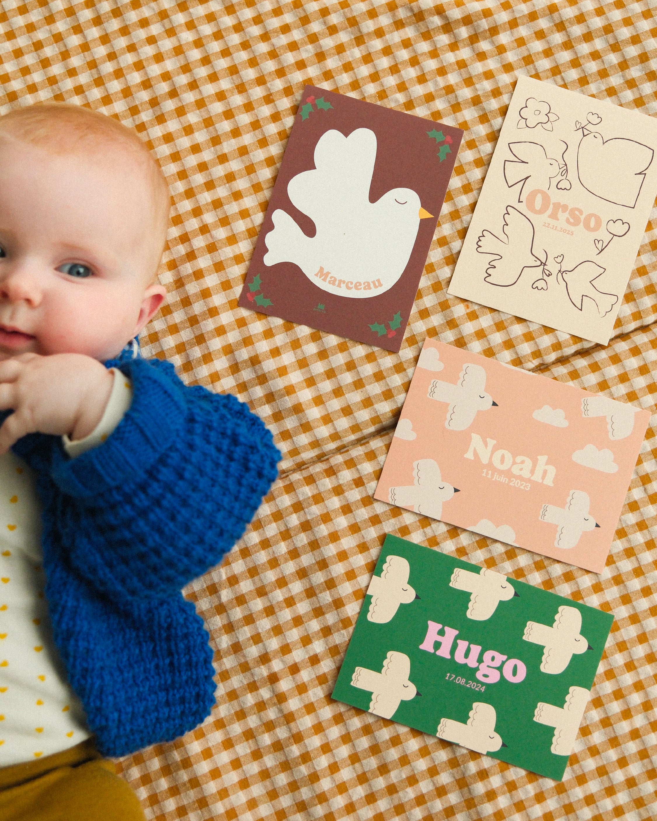 bébé et faire part de naissance colorés, avec des oiseaux poétiques