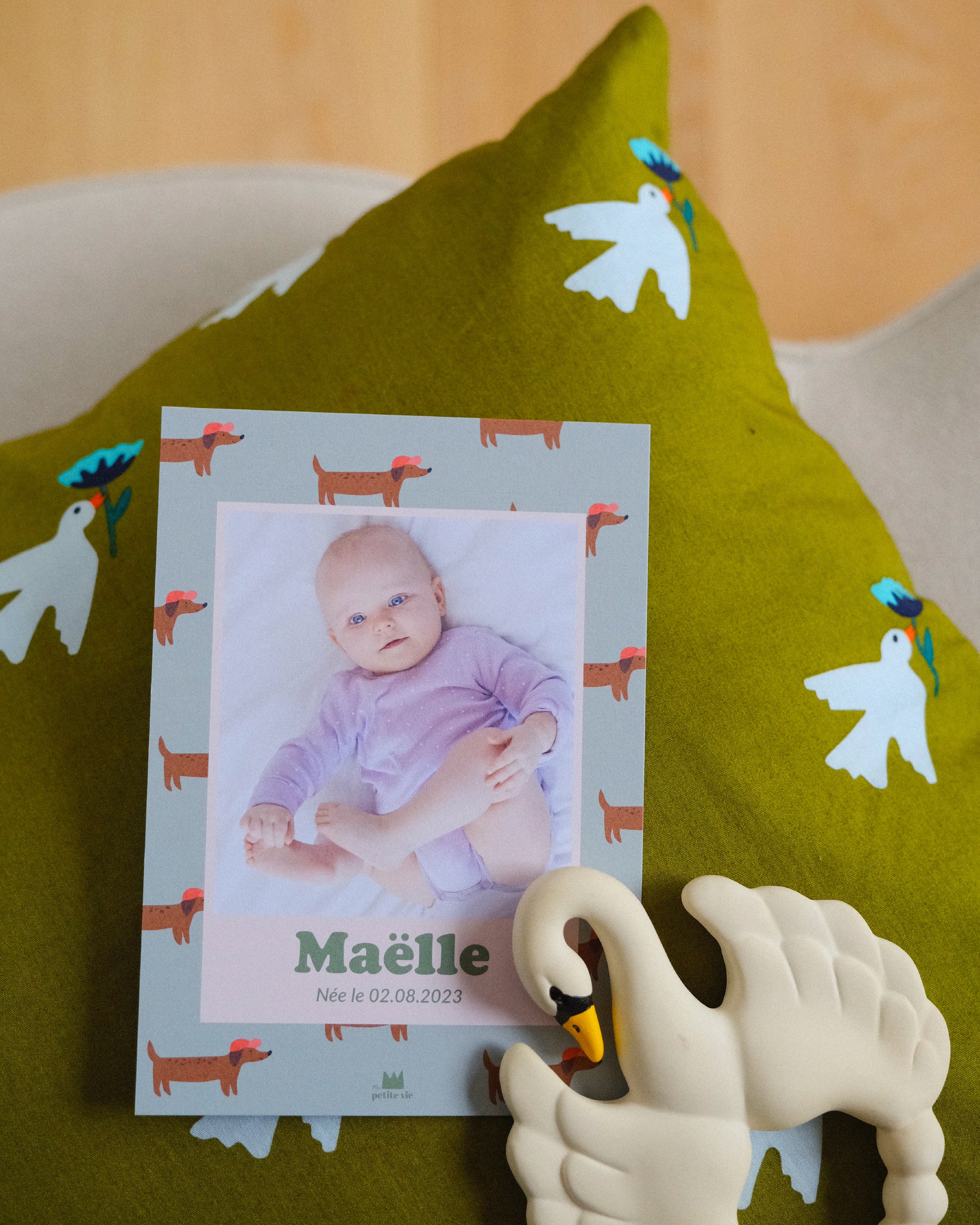 Faire-part de naissance avec une photo et des teckels adorables pour bébé