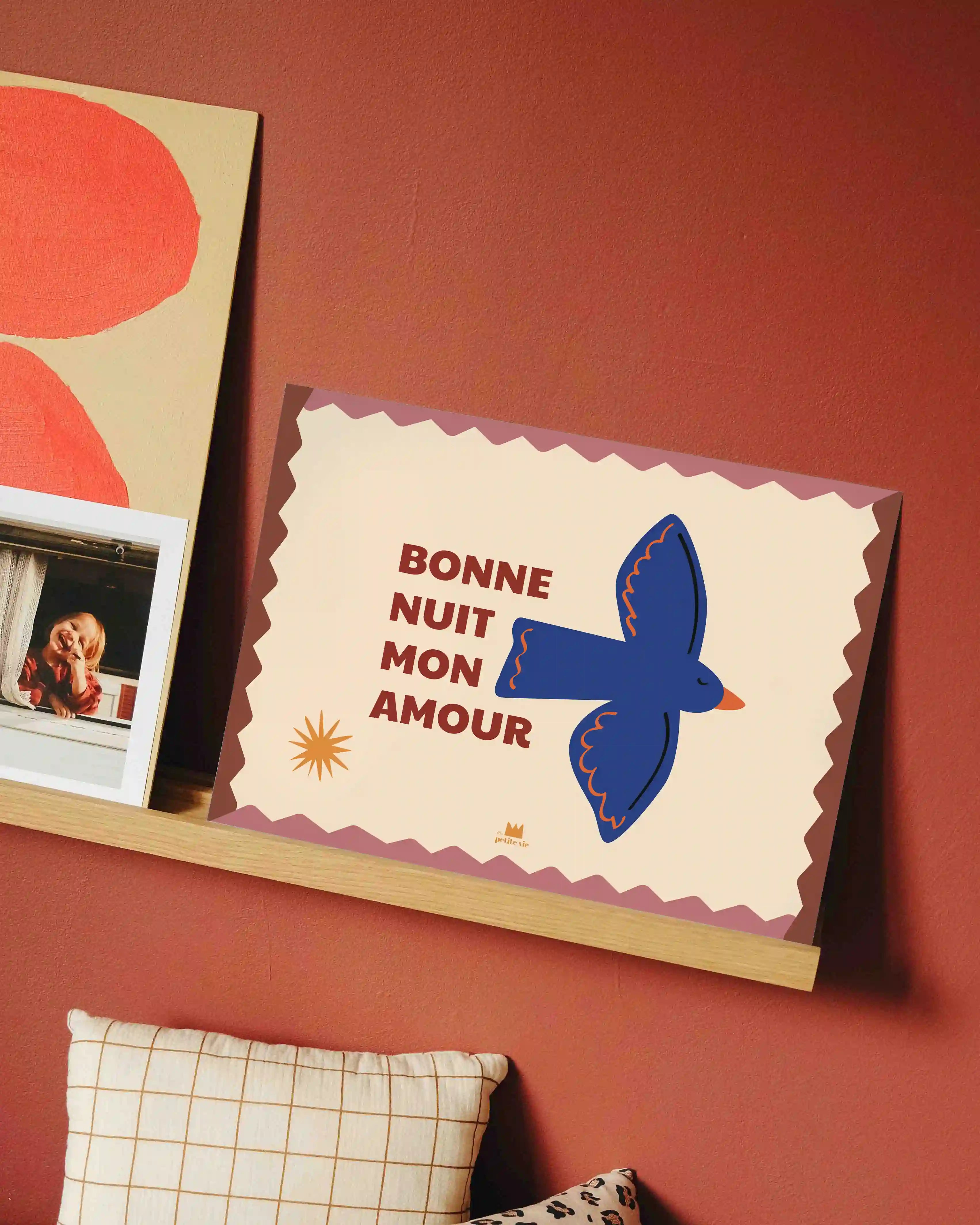 Affiche bonne nuit mon amour avec un oiseau bleu et poétique