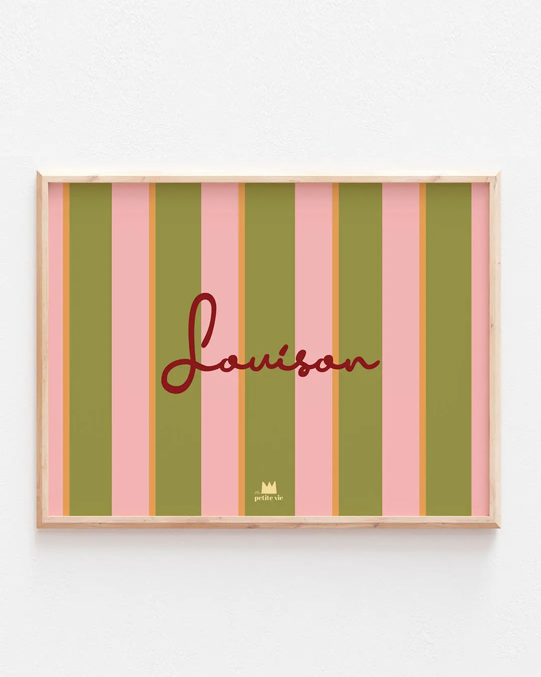 Affiche prénom rayures vertes et roses pour chambre de bébé 