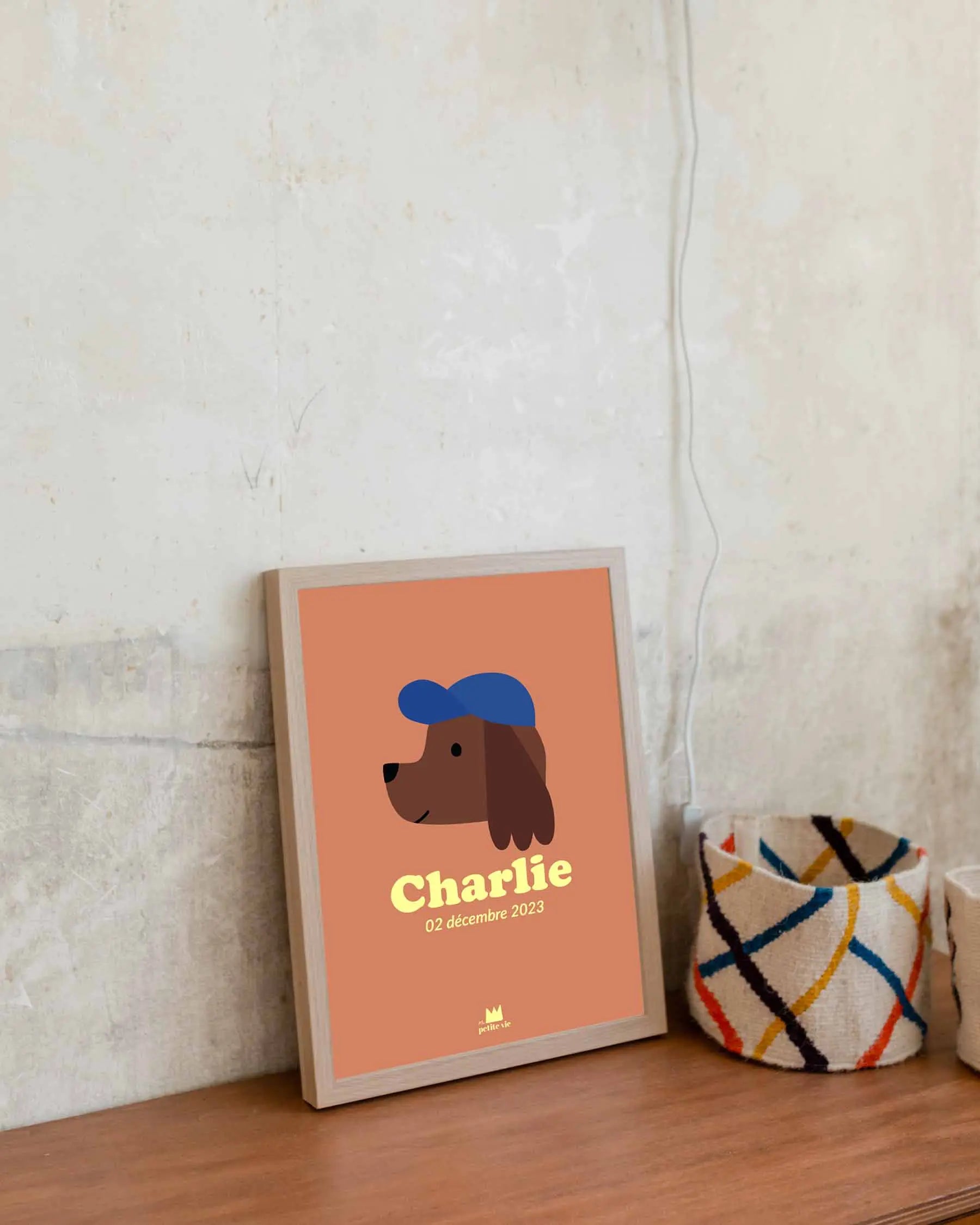 Affiche prénom pour enfant avec une tête de chien rigolote