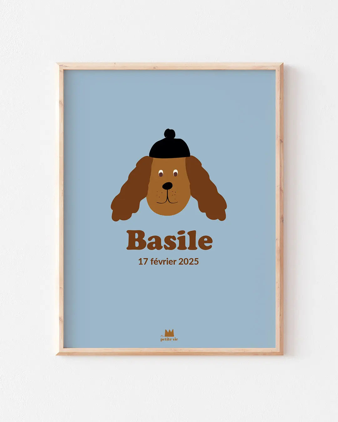 Affiche prénom chien illustrée pour chambre de bébé avec date de naissance