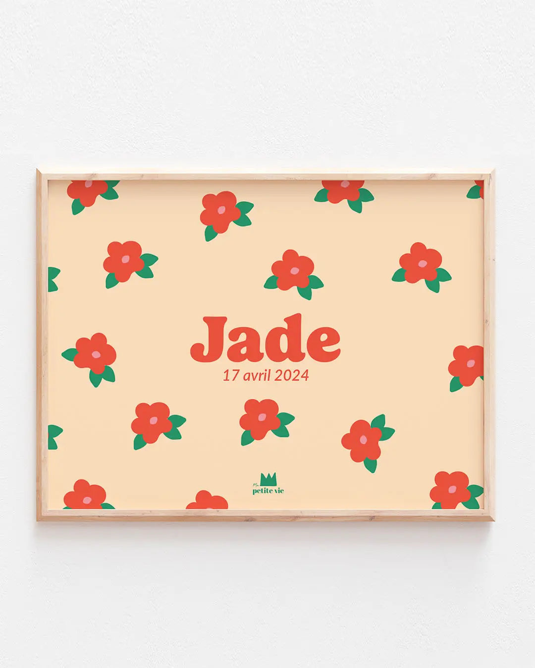 Affiche prénom aux fleurs roses pour décorer la chambre de bébé avec de jolies illustrations. 