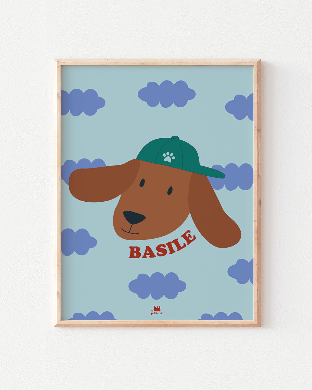 Affiche prénom pour enfant avec une tete de chien sur fond bleu