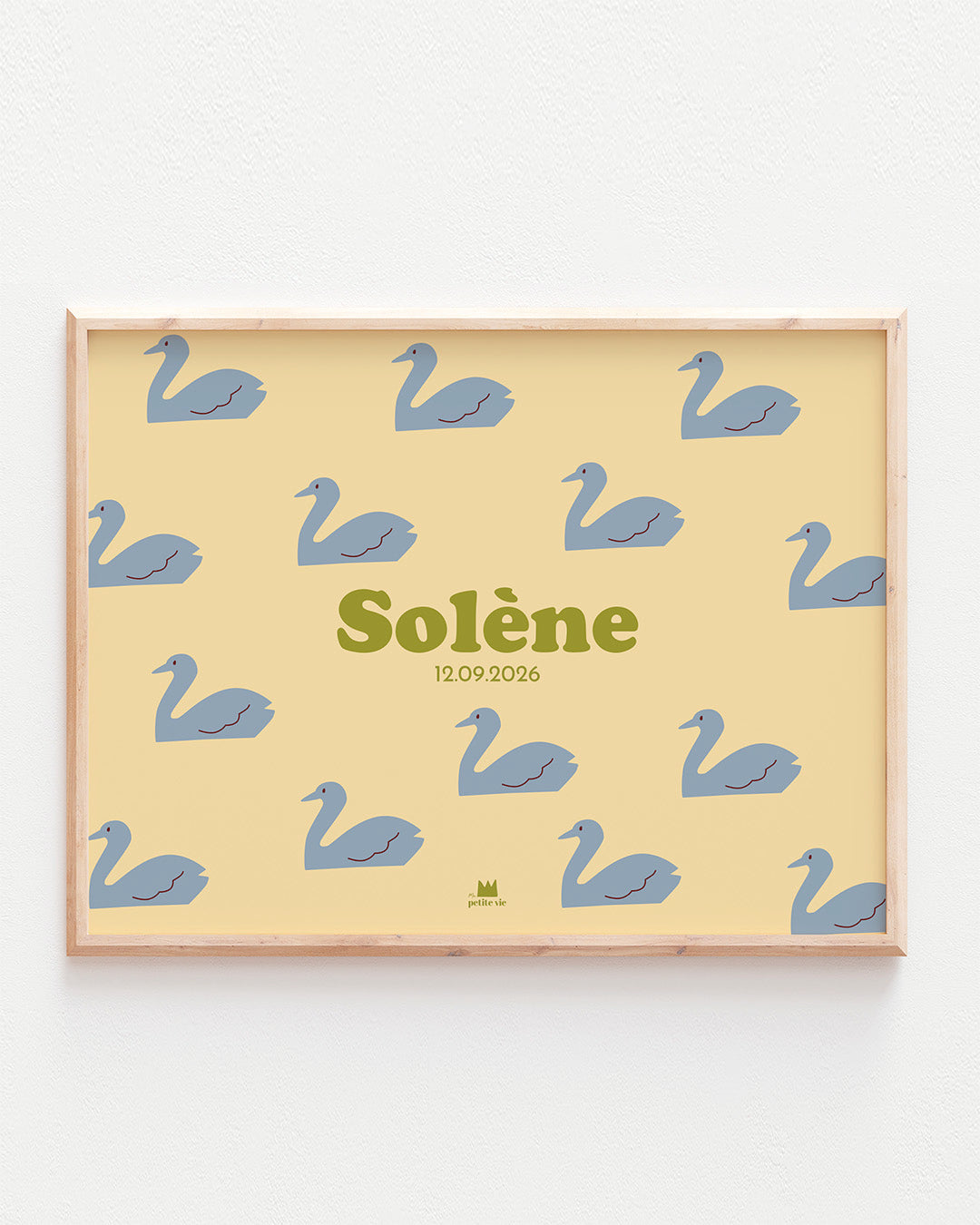 Affiche prénom cygnes bleus sur fond jaune pour chambre enfant 