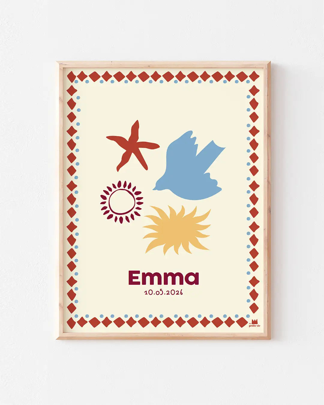 Affiche prénom pour enfant avec soleil, oiseau et étoile de mer. À personnaliser du prénom de bébé. 