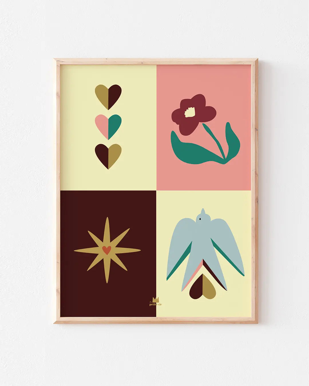 cœurs bicolores, fleur, étoile filante et oiseau réunis en un poster