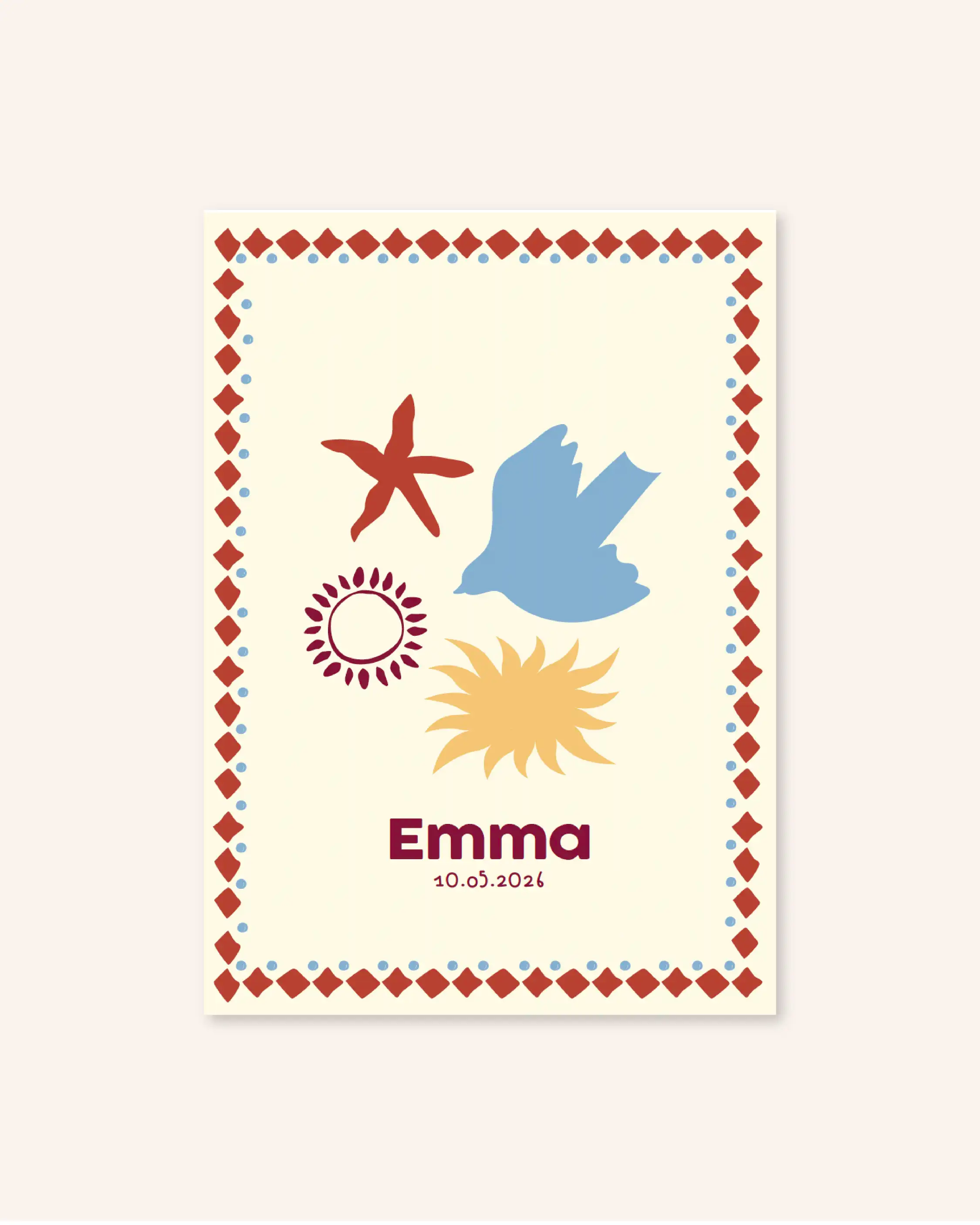 faire part de naissance avec étoile de mer et soleil pour un bébé d'été