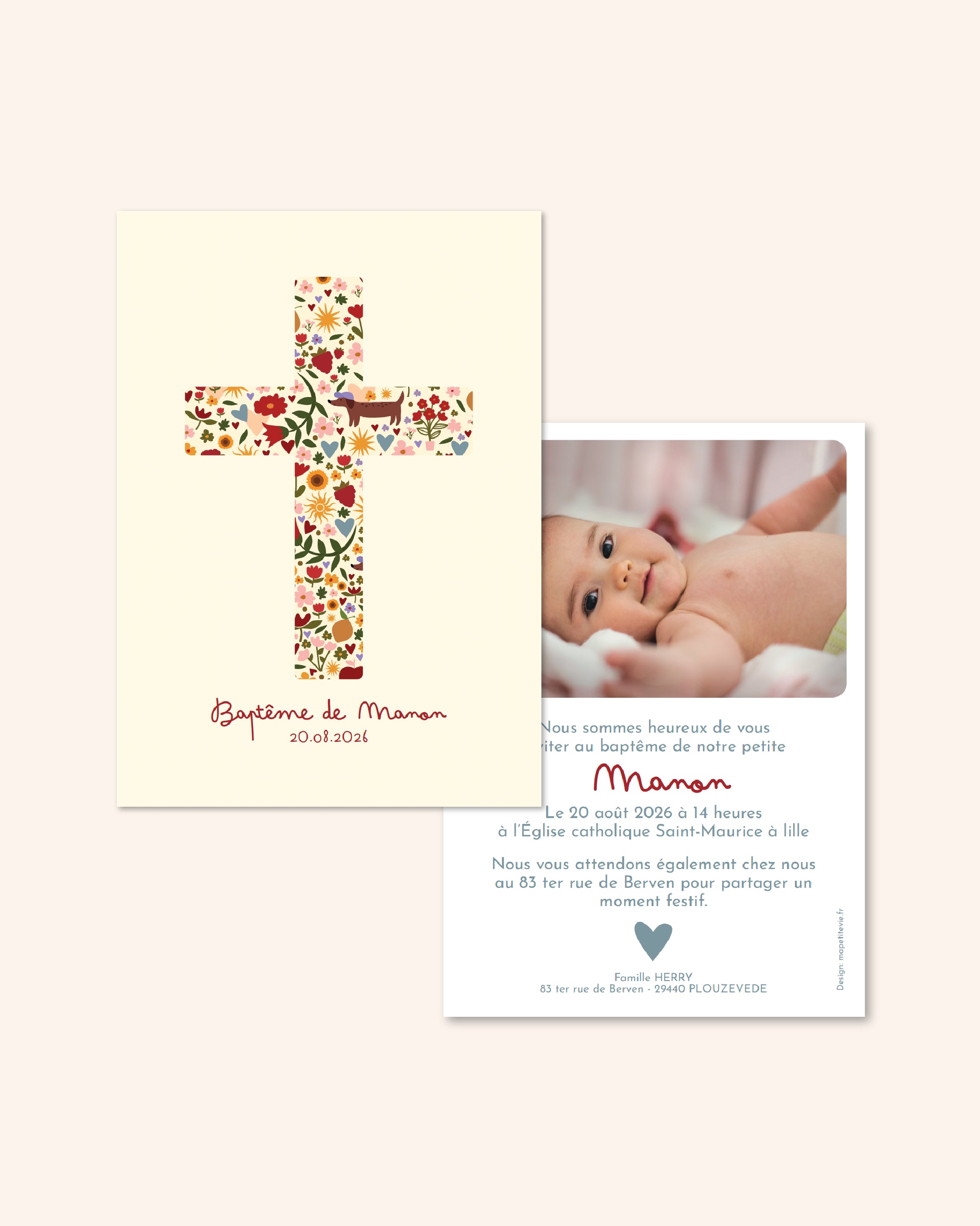 Faire part de bapteme avec une croix et des jolis motifs 
