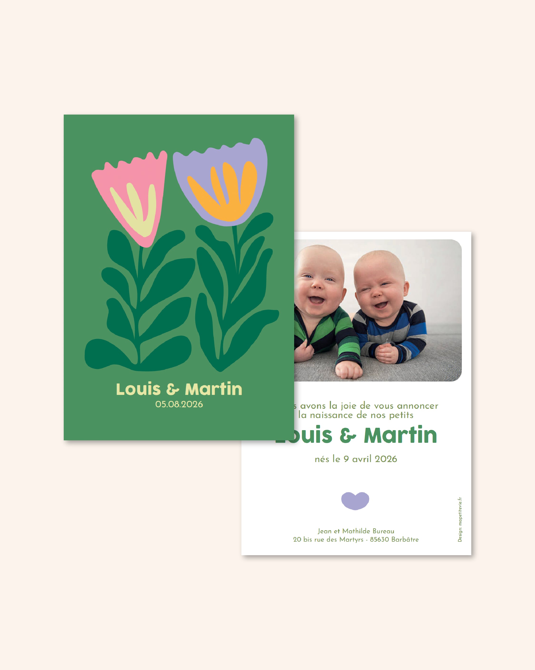 Faire part de naissance pour jumeaux et jumelles avec des jolies fleurs colorées