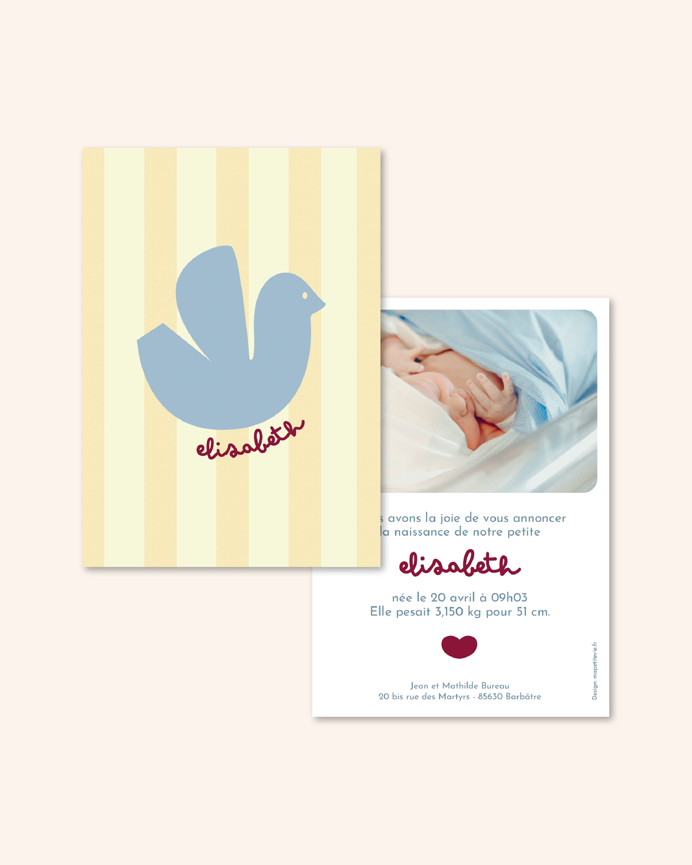 Faire part jaune et bleu, poétique pour annoncer la naissance de bébé