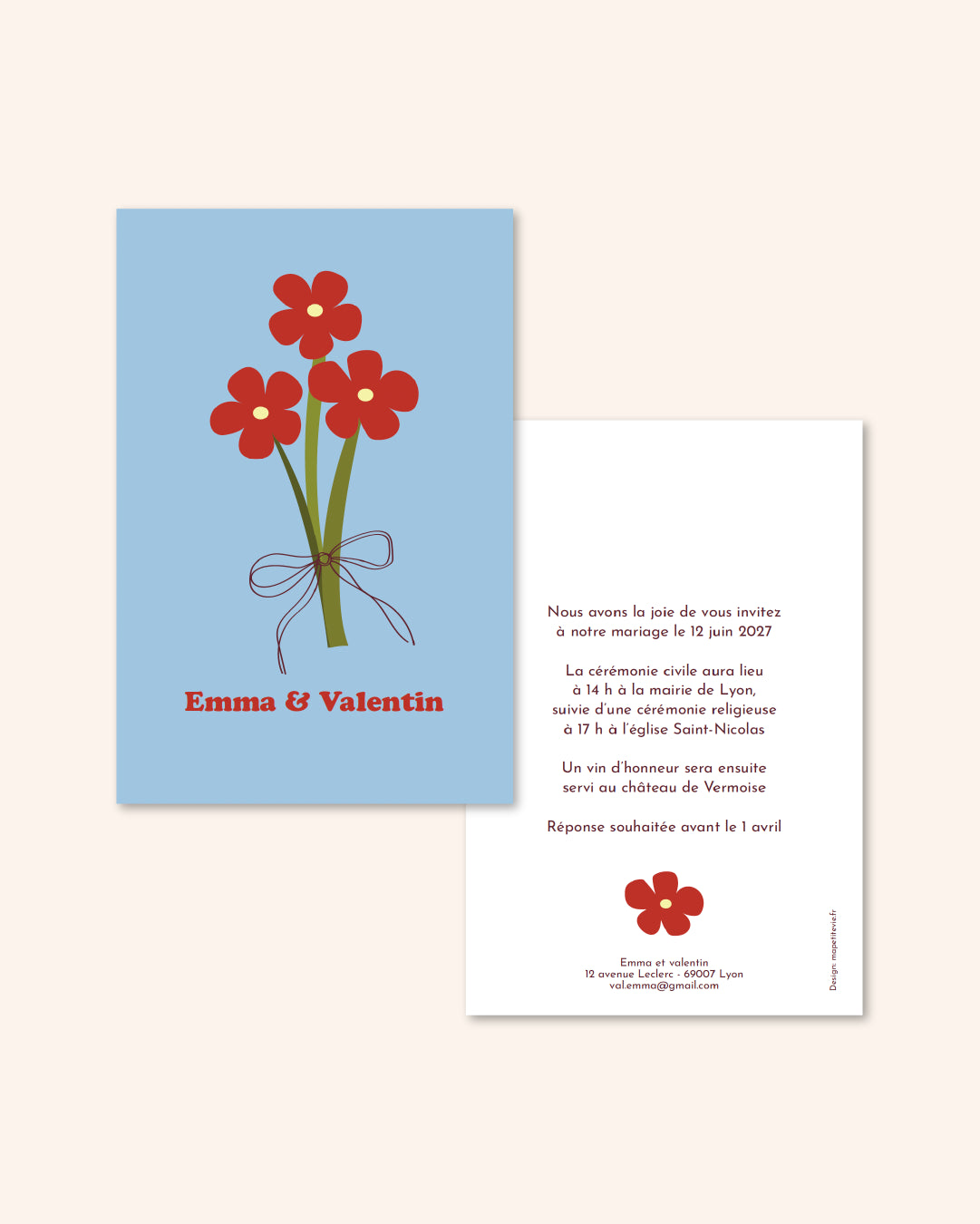 Faire part mariage, annonce mariage, illustration bouquet fleurs rouges, fond bleu