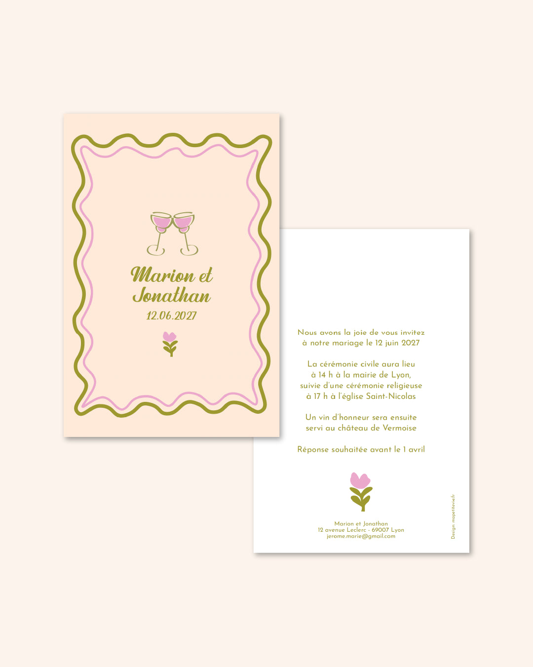 faire part mariage, contour coloré, DA champêtre, annonce mariage, illustrations colorée