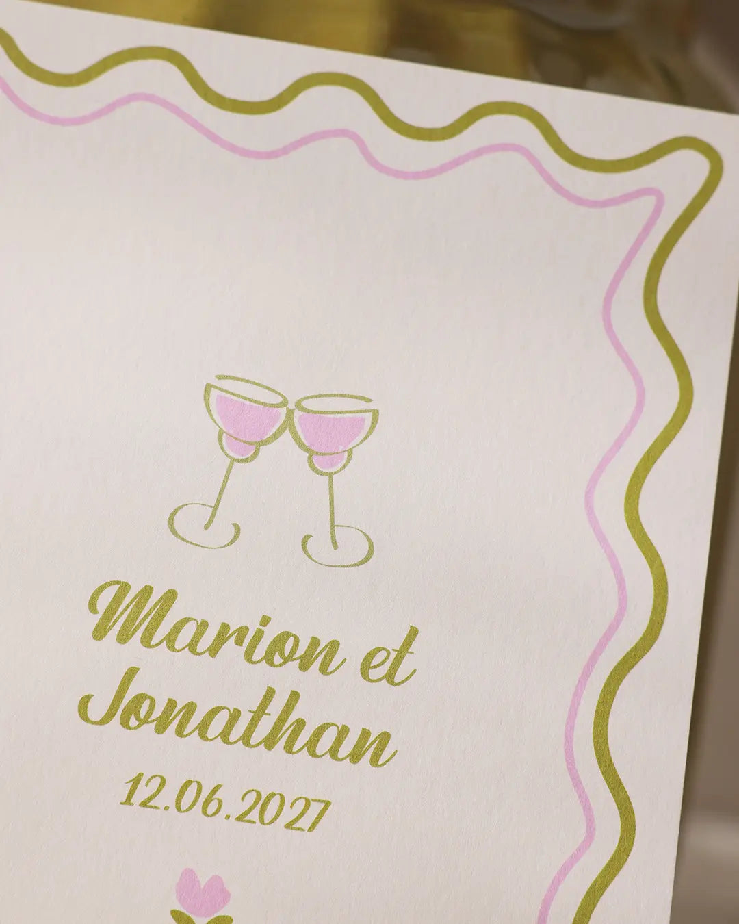 Faire-part rose, illustration esthétique, annonce mariage, champêtre