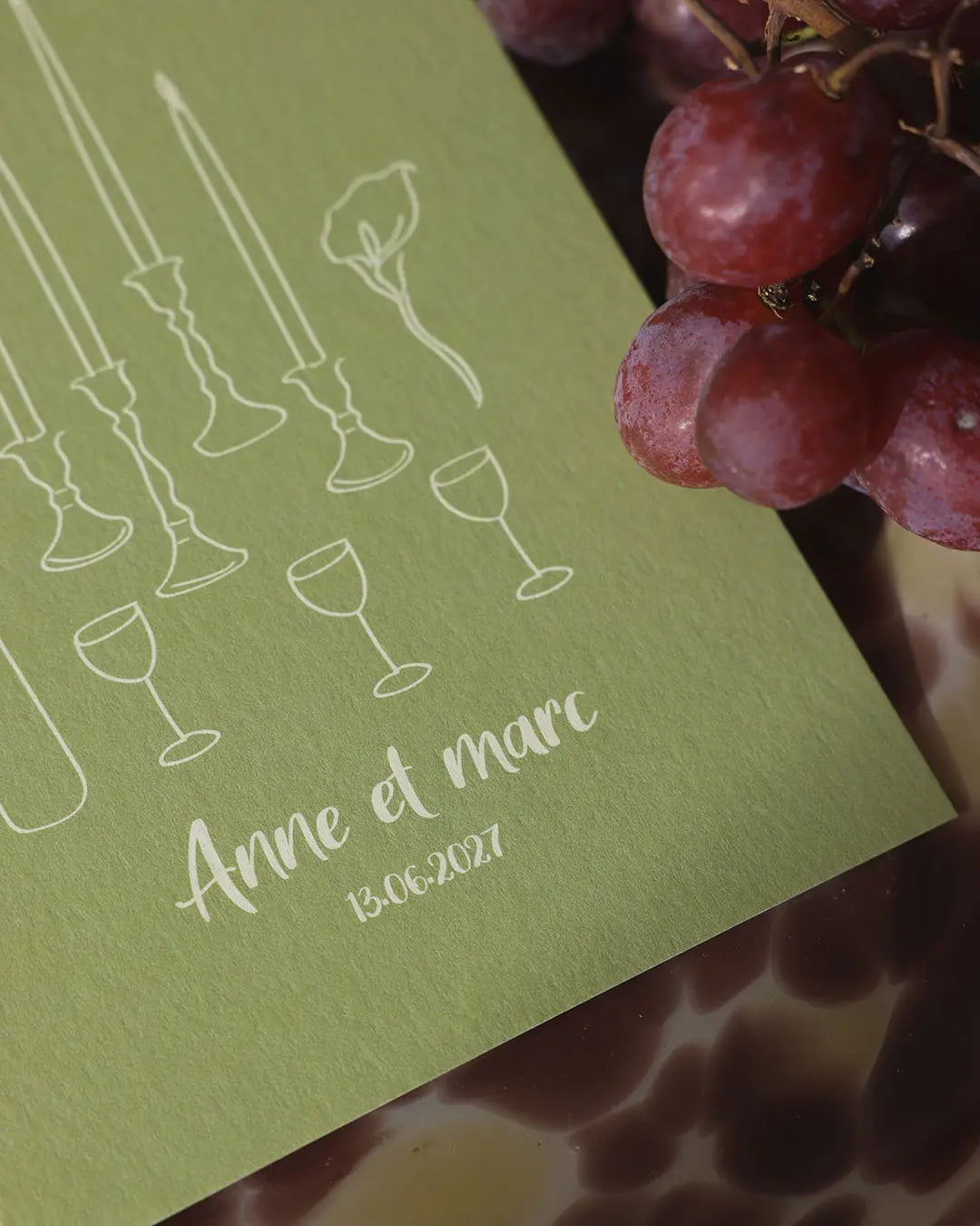 Faire-part kaki, illustration mariage, annonce mariage, chandelles