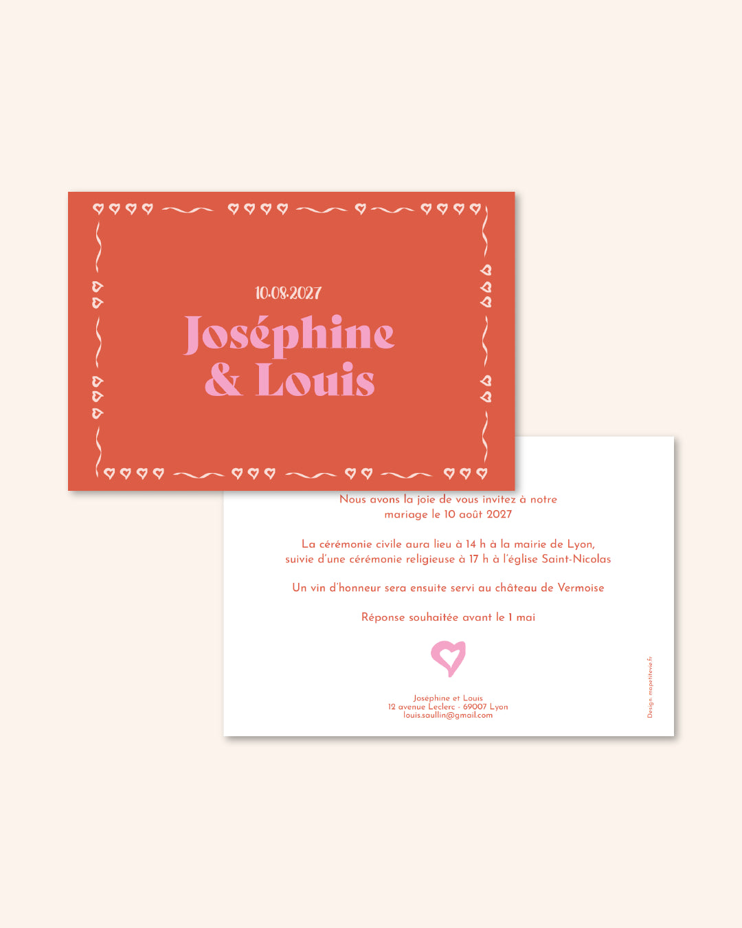 Faire part mariages, contour coeurs blancs, illustration rouge amour