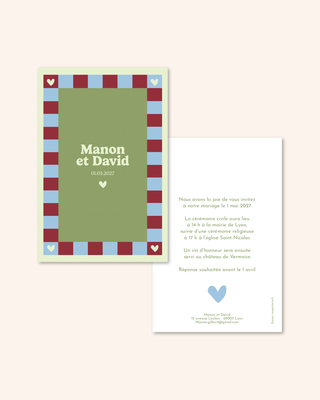 Faire-part mariage, invitation mariage, damier, vert et bleu 