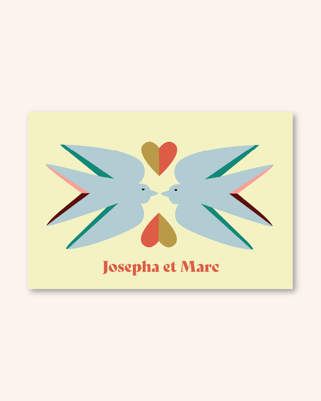 faire part mariage, oiseaux illustrés, coeurs bicolores