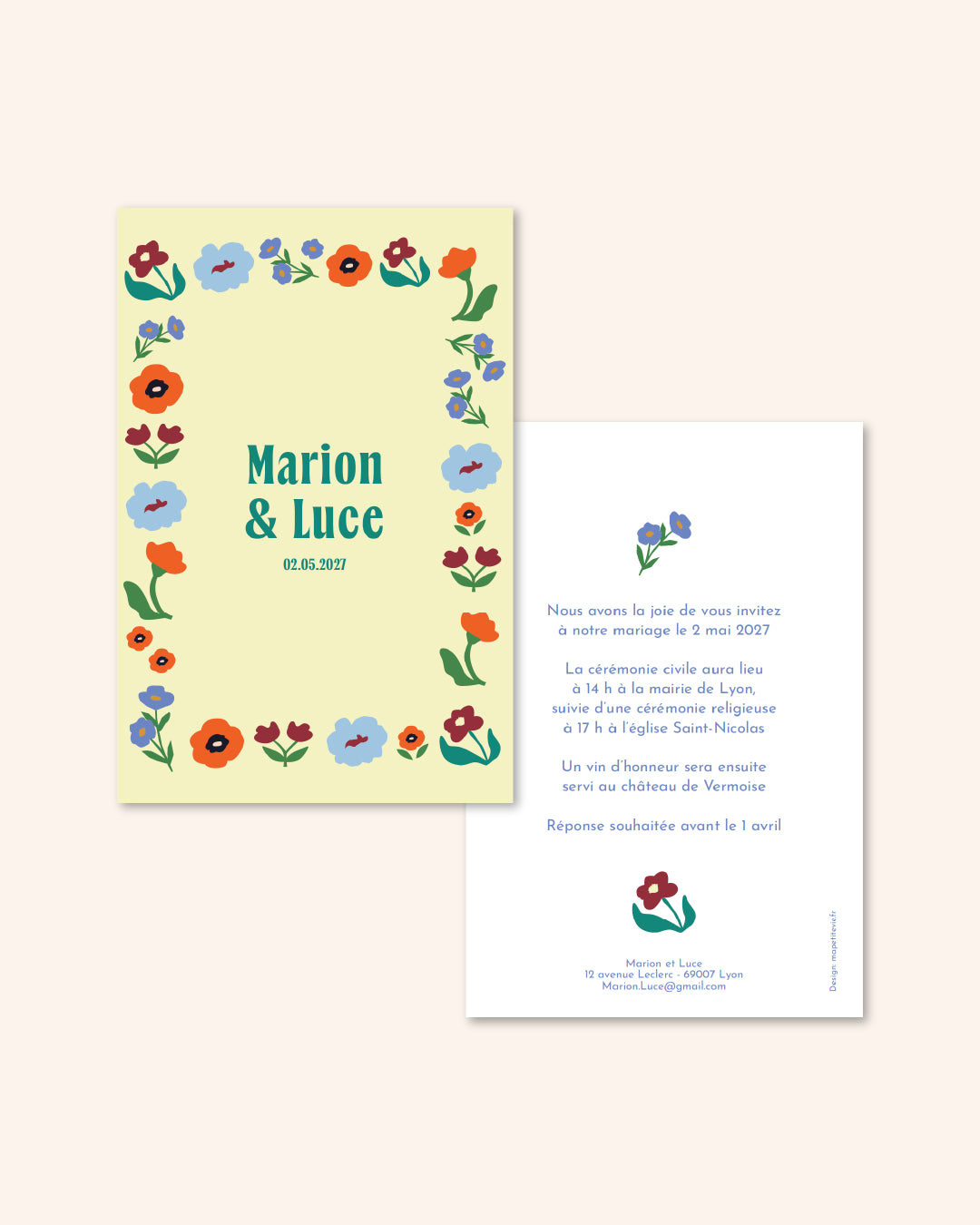 Annonce mariage, faire-part fleurs, illustrations colorées