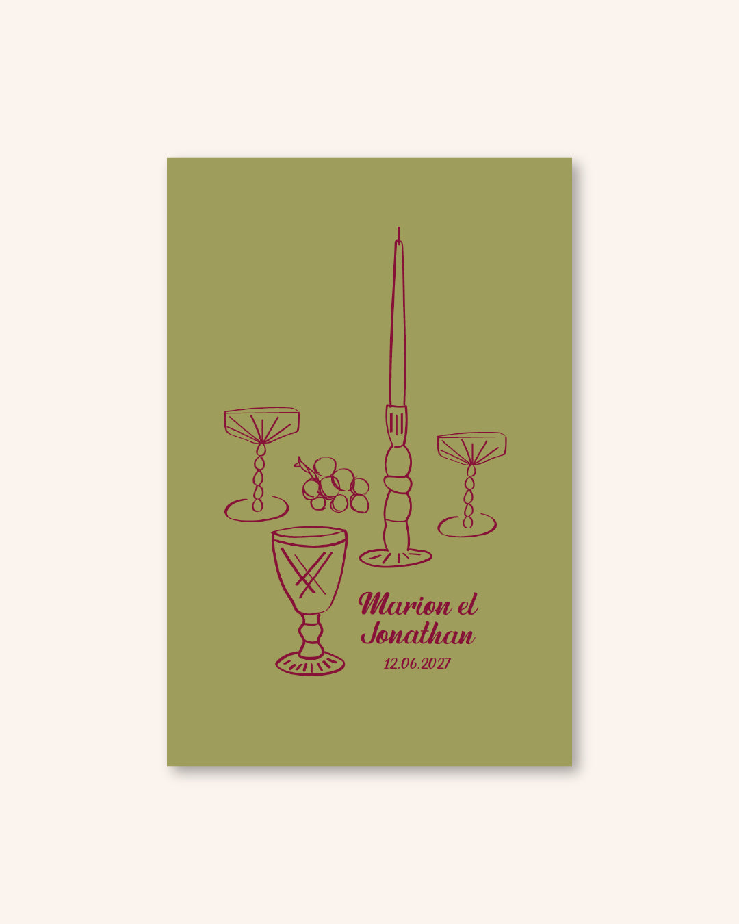 Faire part mariage, illustration table, motif moderne, fond kaki