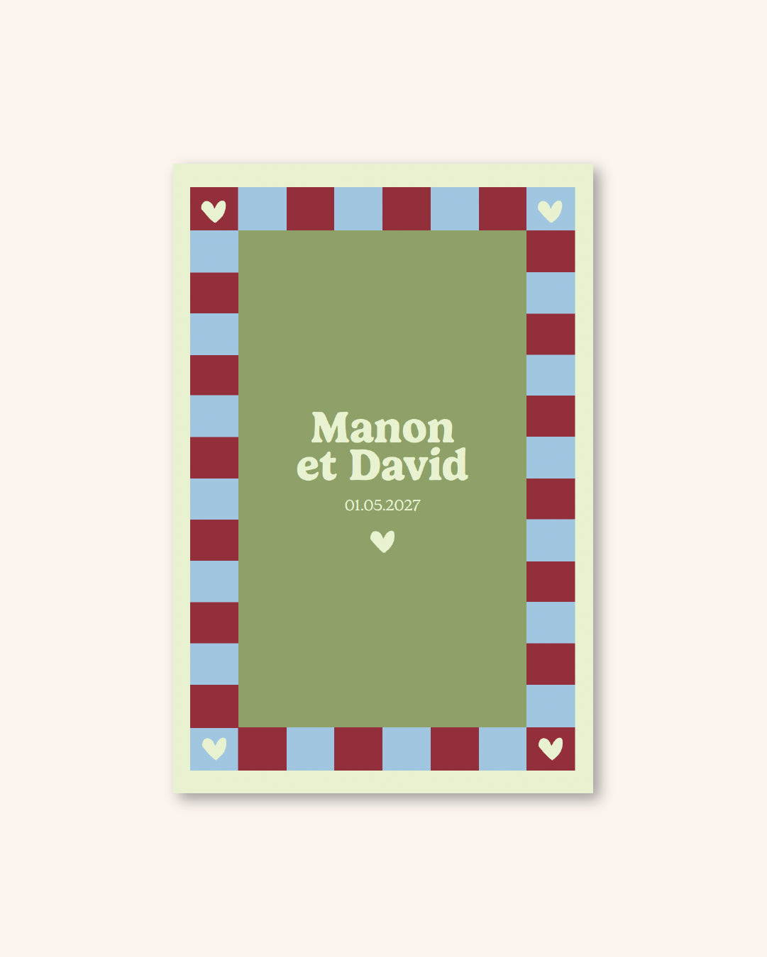Annonce mariage, faire part damier, vert et bleu