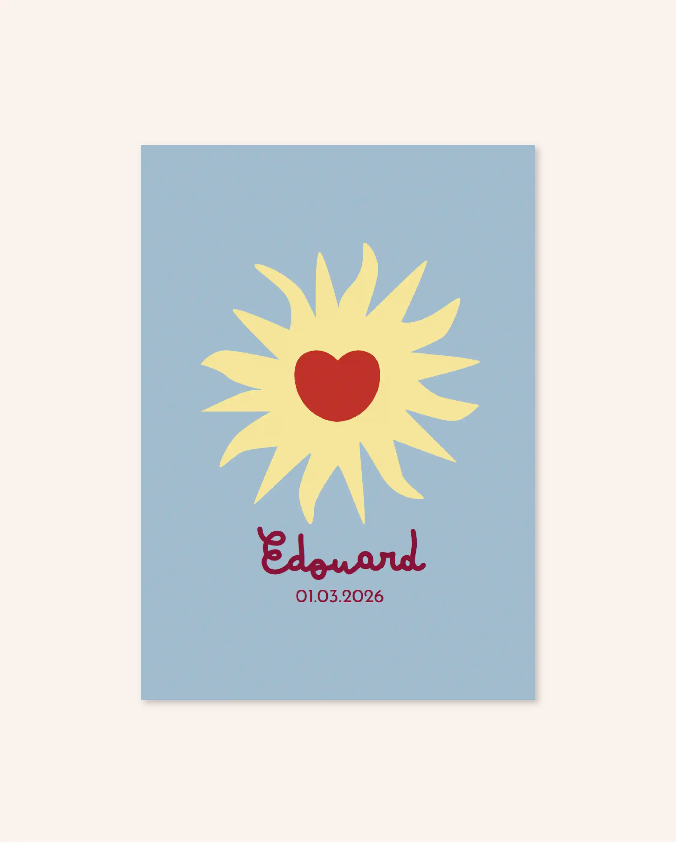 Faire-part de naissance pour bébé avec un coeur illustré dans un soleil