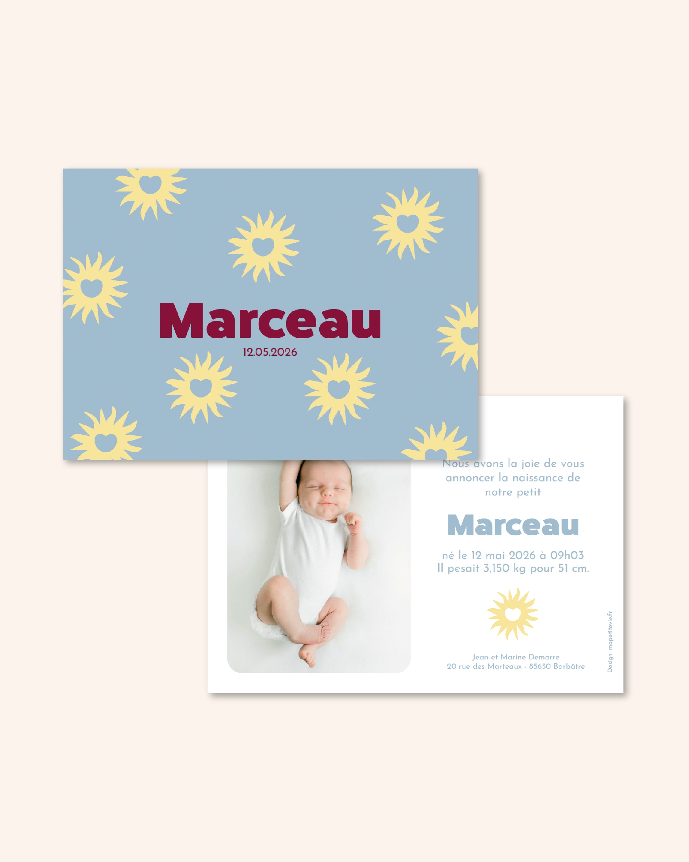 Faire-part de naissance à personnaliser avec soleil et coeurs d'amour. 