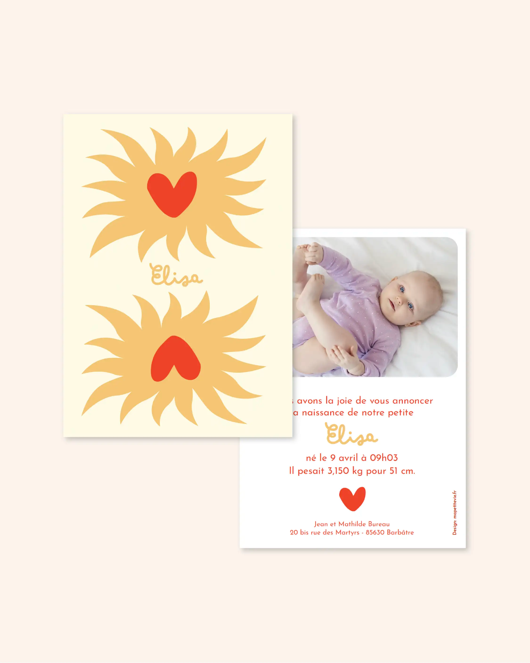 faire part de naissance avec des soleils et des coeurs pour naissance de bébé