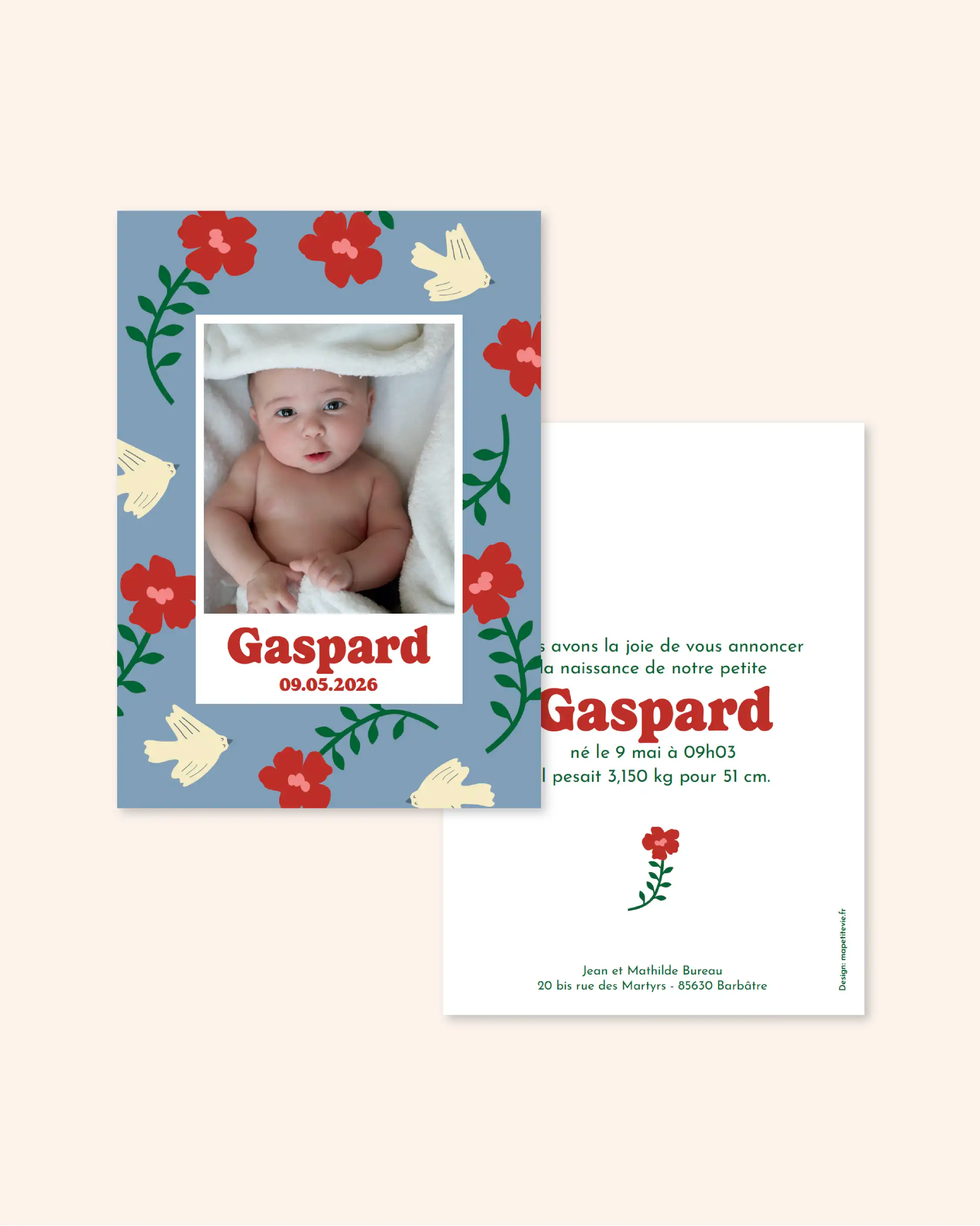 Faire-part aux illustrations de fleurs ! Les motifs iconiques de ce modèle sauront faire pétiller les yeux de tous !