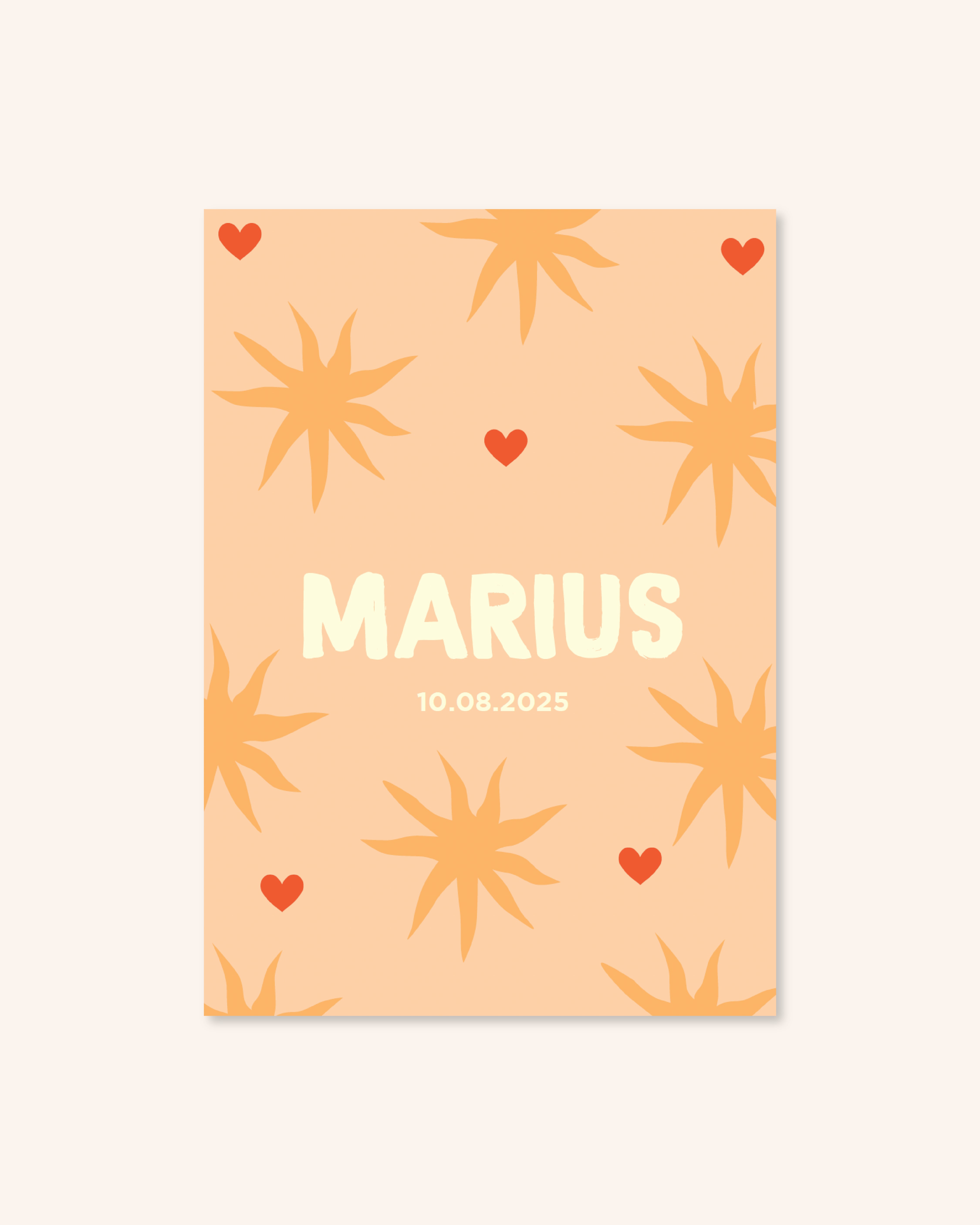 Faire-part de naissance soleils avec petits coeurs pour annoncer naissance bébé. 