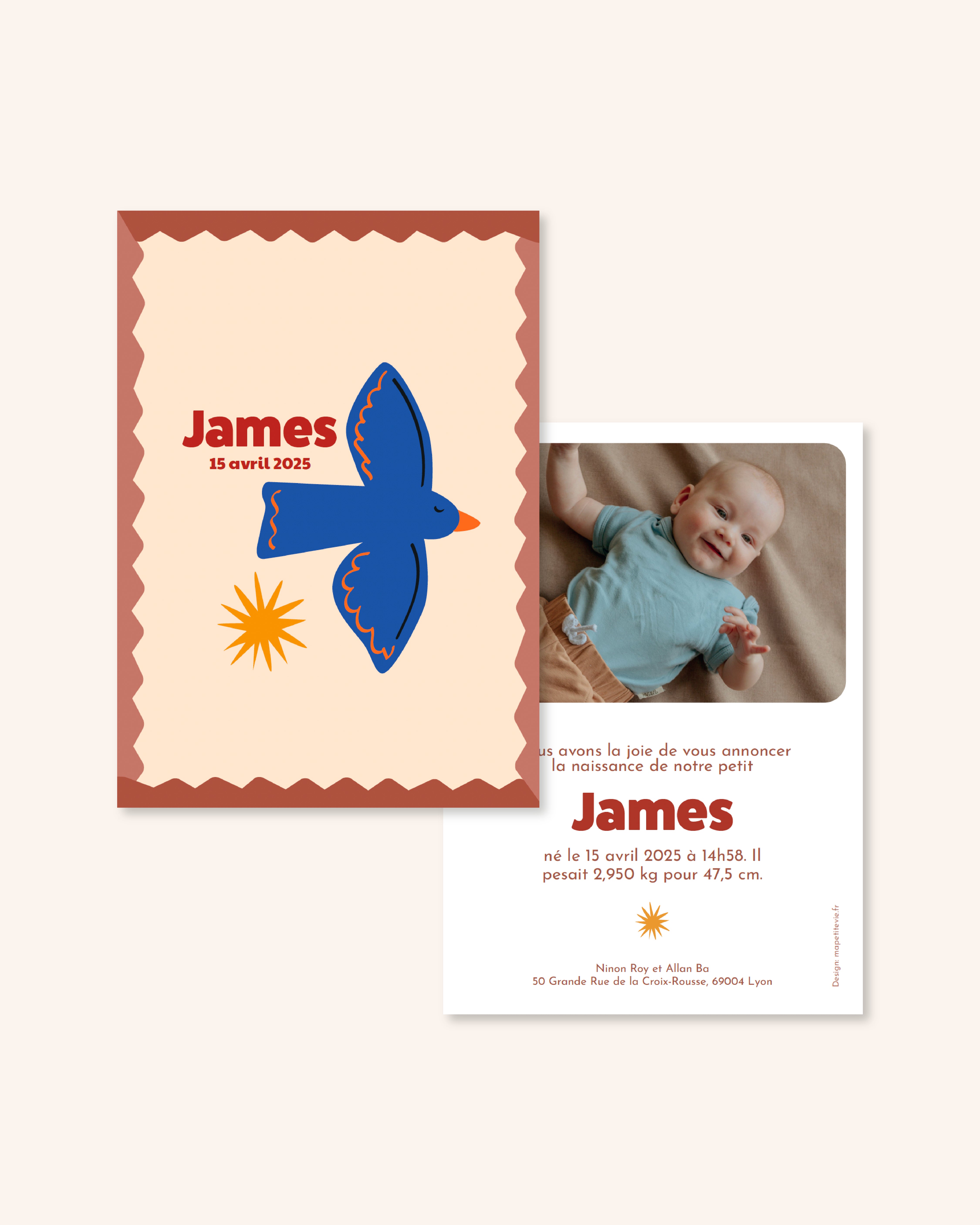 Faire-part de naissance oiseau avec couleurs pep's pour annoncer naissance bébé.