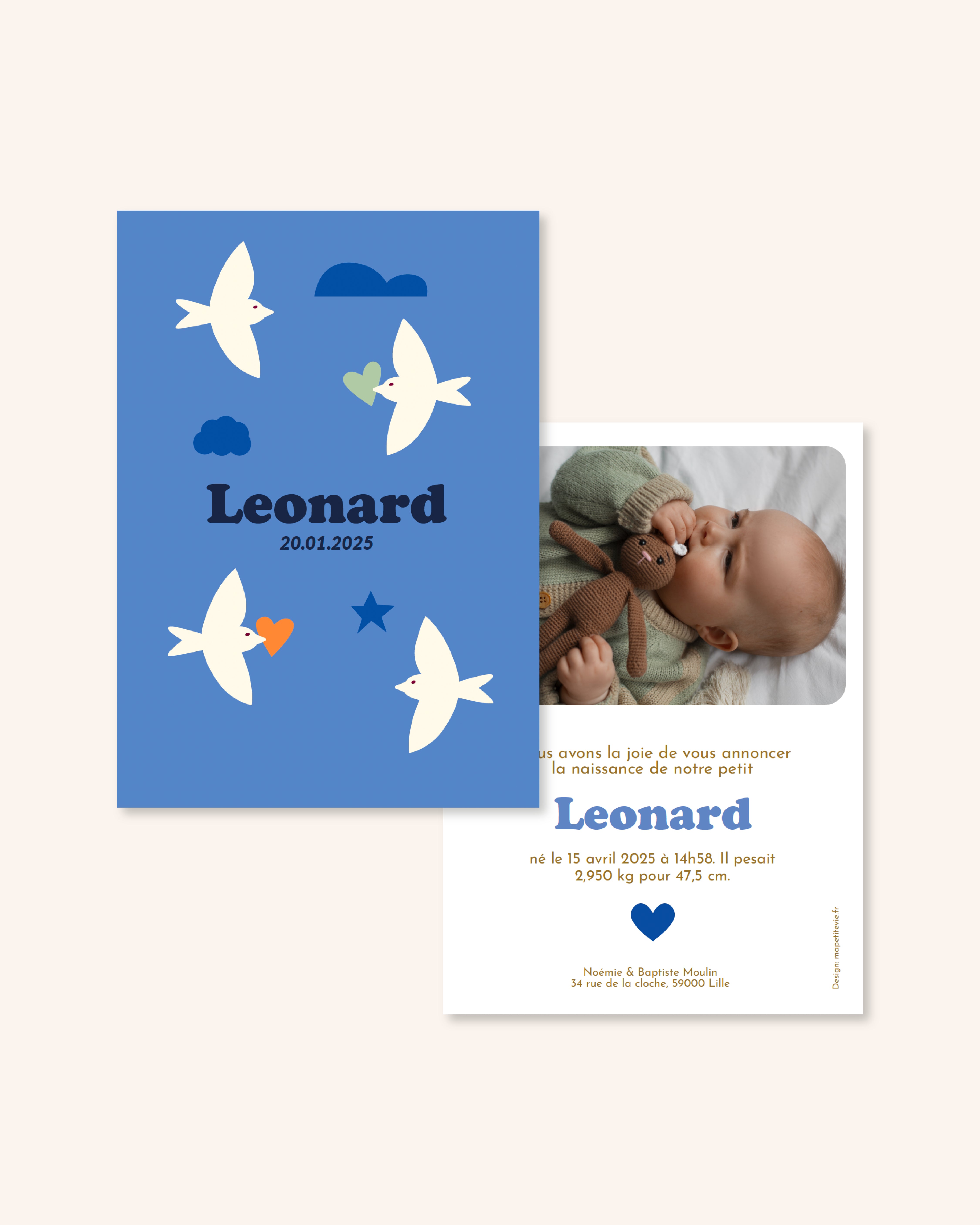 Faire-part de naissance oiseaux bleus pour annoncer naissance bébé. 