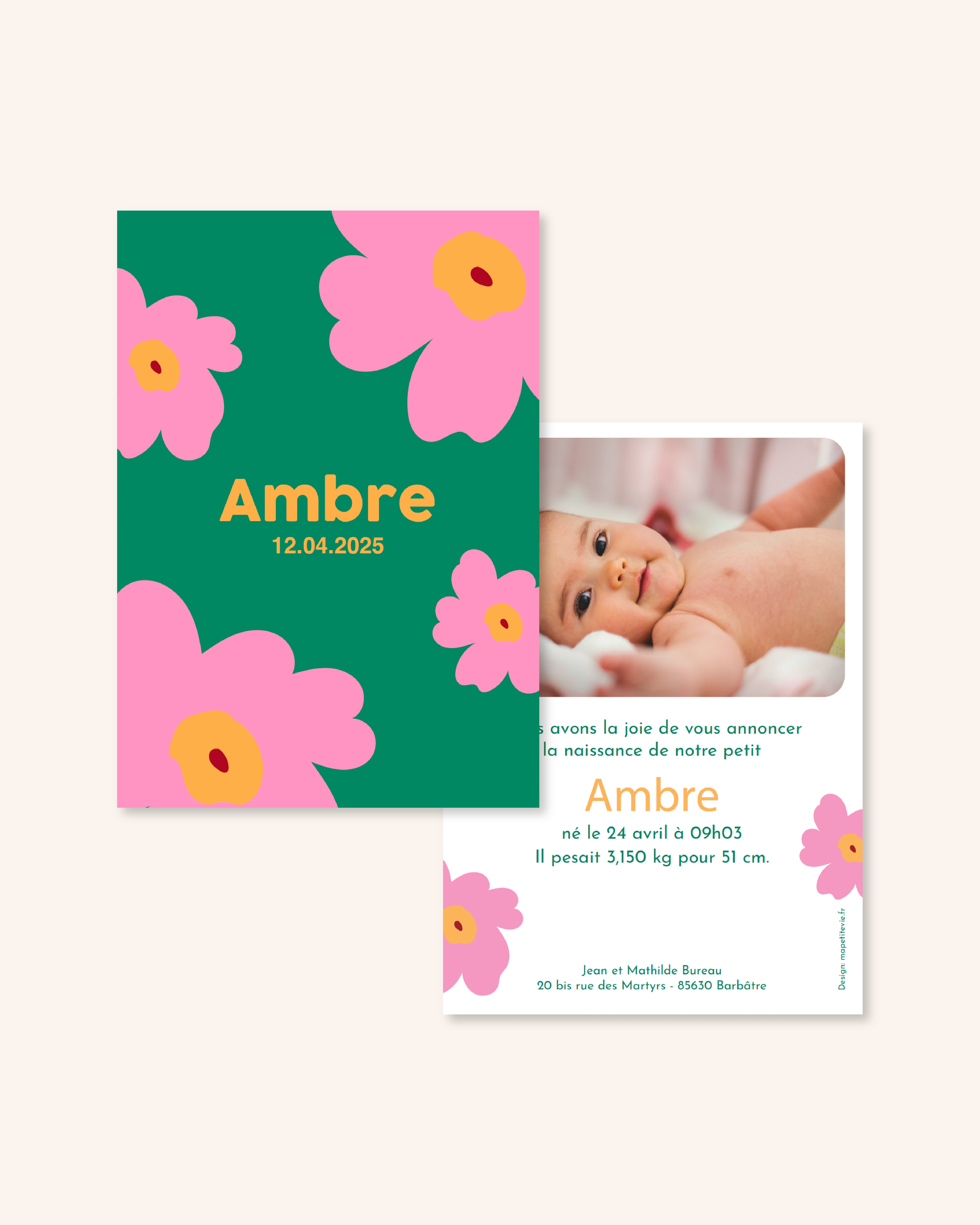 Faire-part de naissance fleurs roses pour annoncer naissance bébé. 