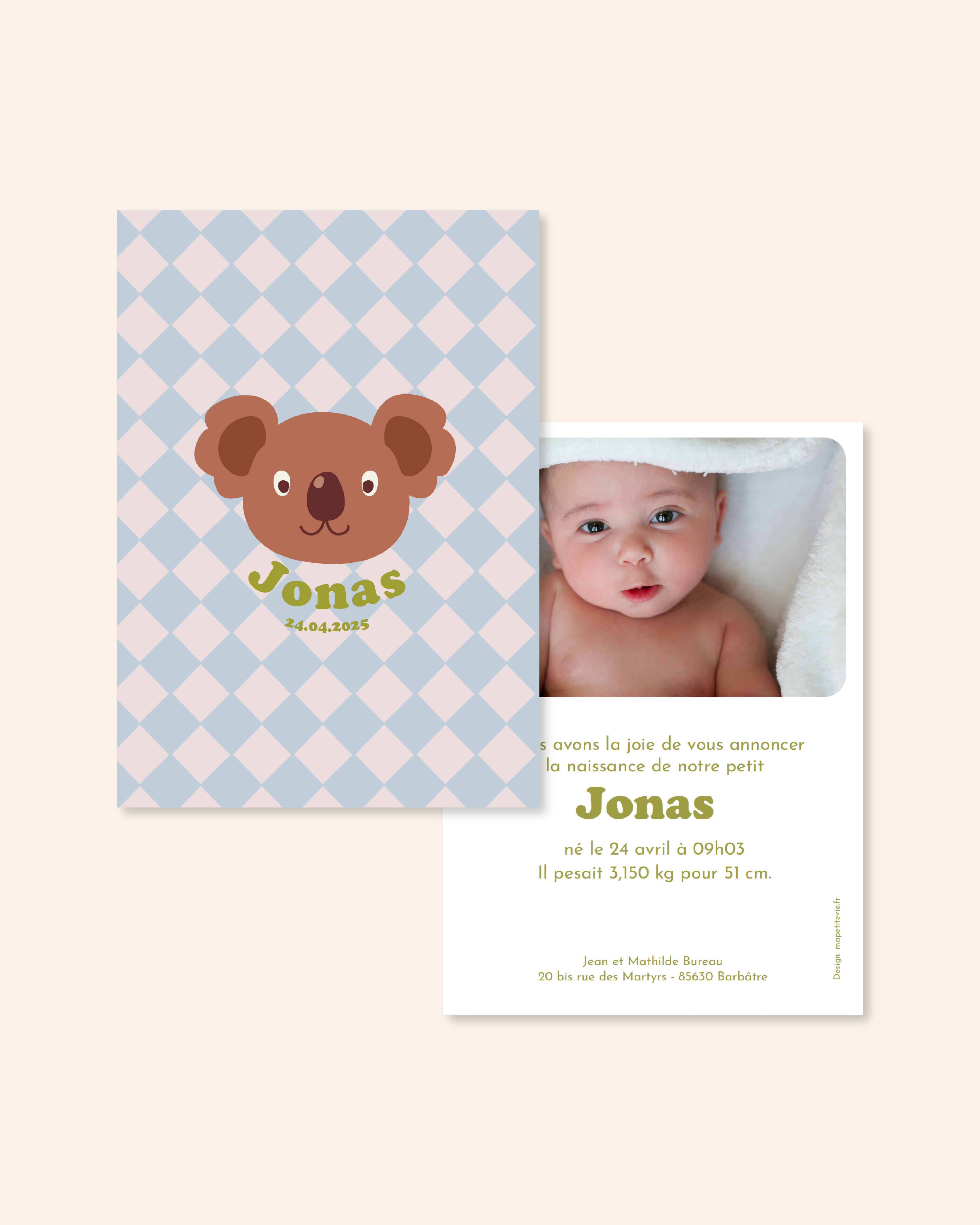 Faire-part de naissance animal koala pour annoncer naissance bébé. 