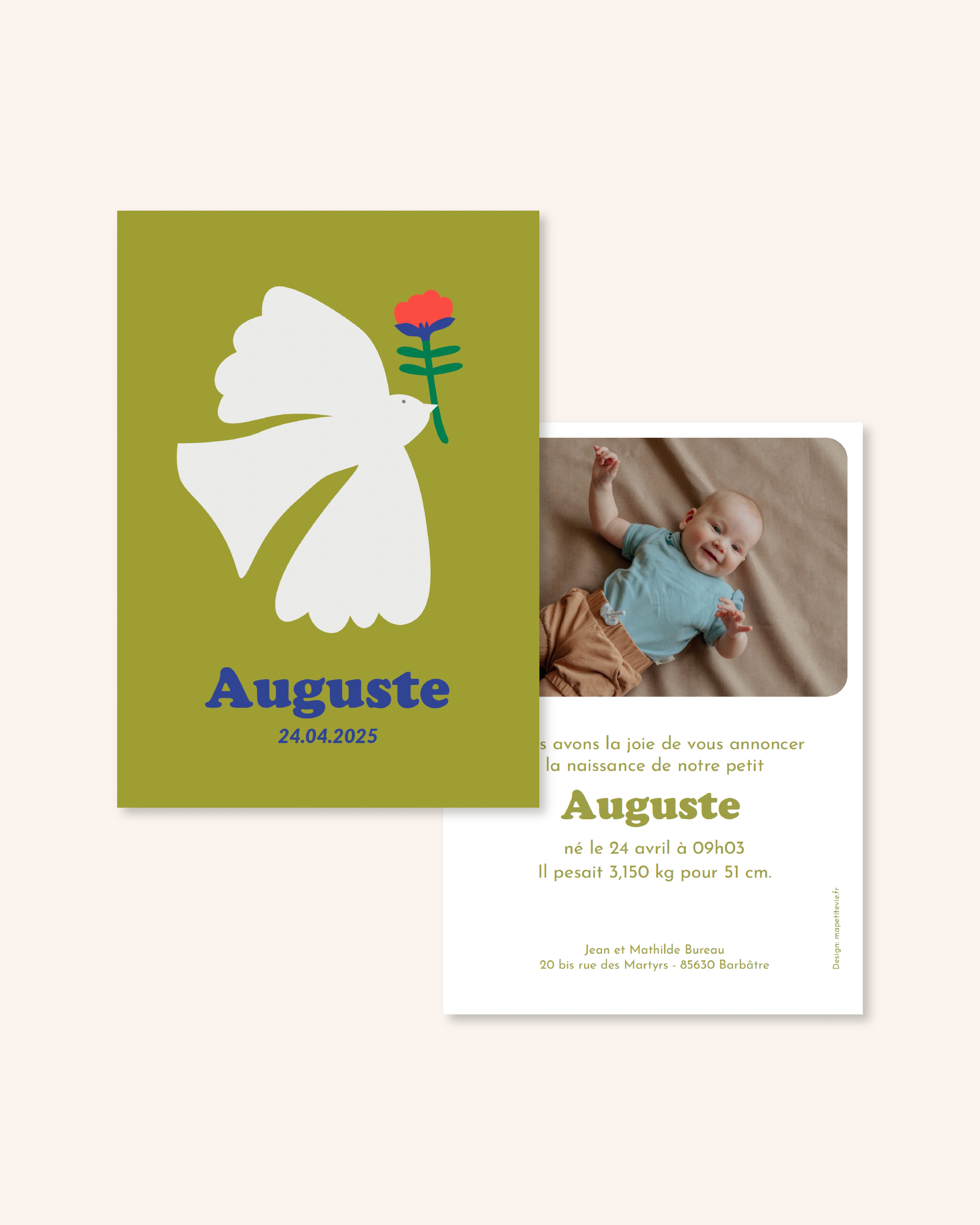 Faire-part de naissance enfant avec motif pour annoncer naissance bébé. 