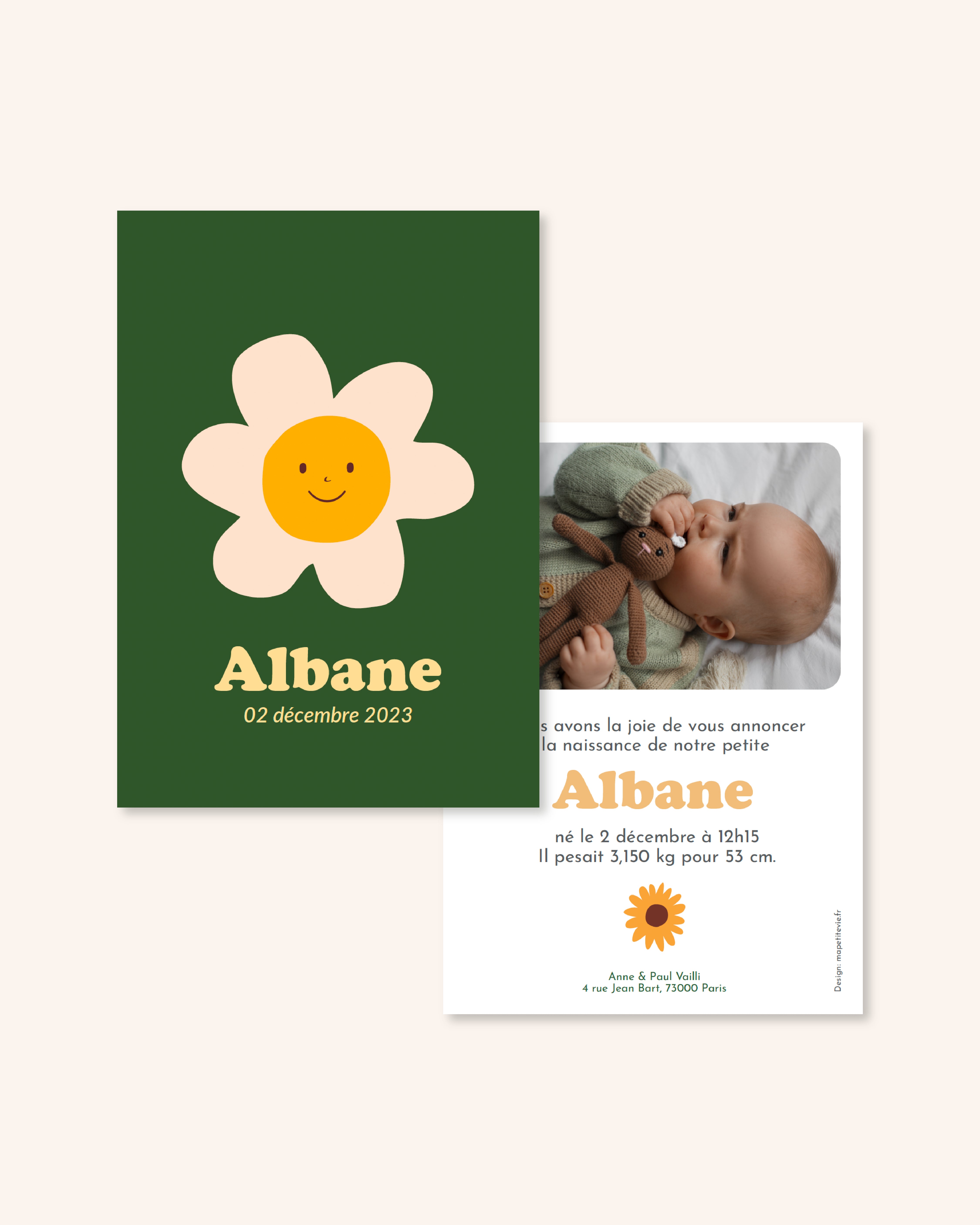 Faire-part de naissance avec prénom de bébé et jolie Pâquerette 