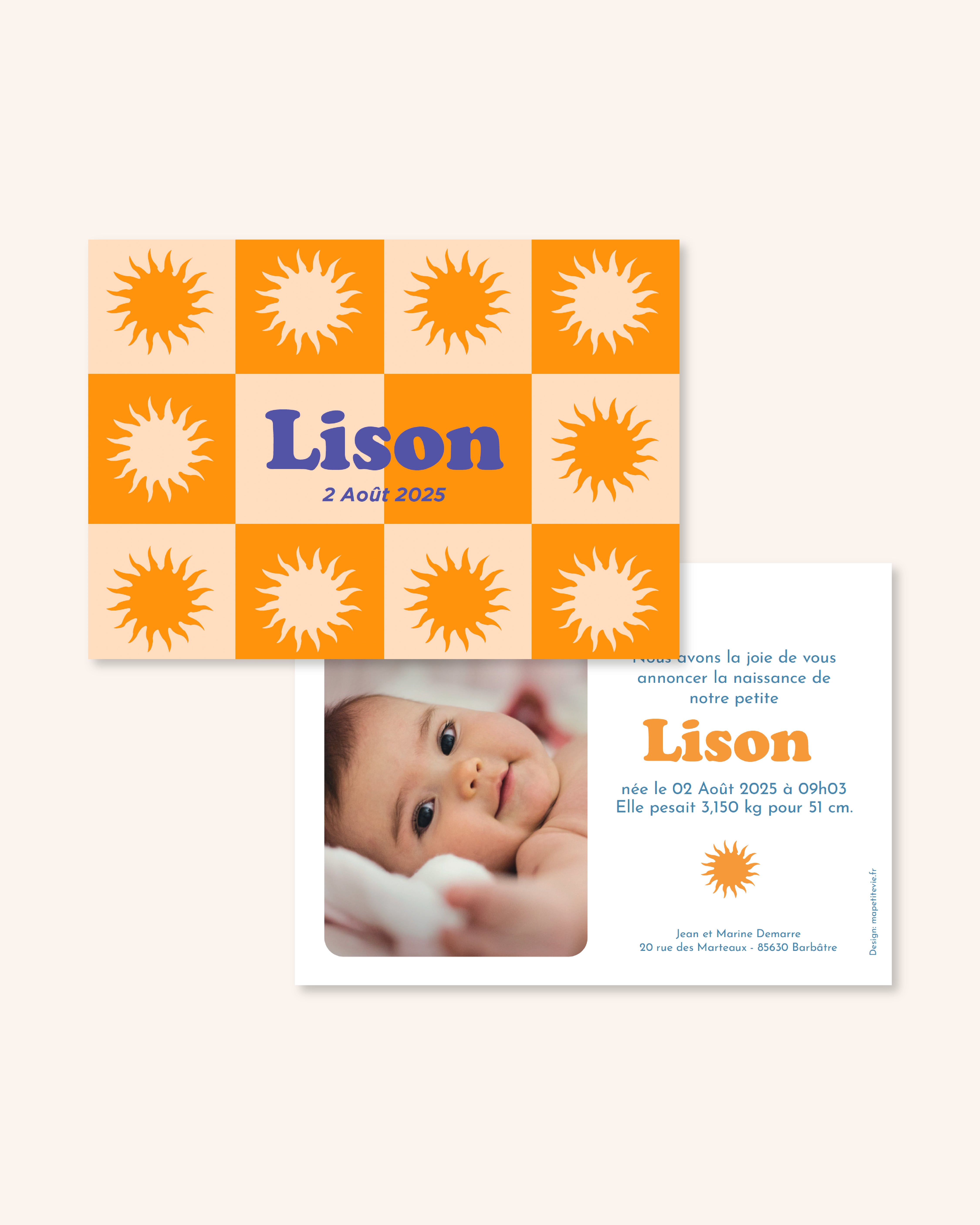 Faire-part de naissance soleils avec couleur jaune pour annoncer naissance bébé. 