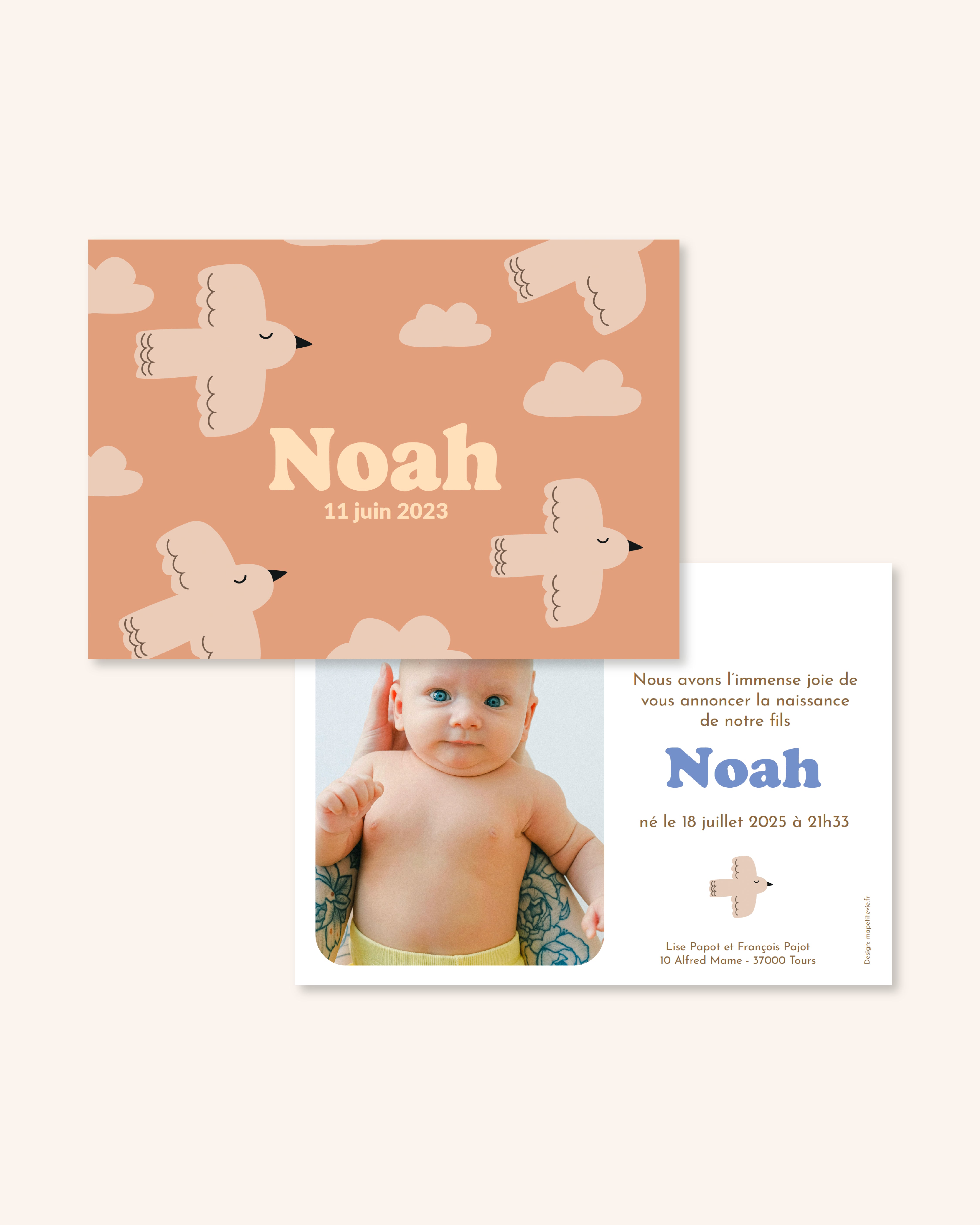 Faire-part de naissance enfant avec motif pour annoncer naissance bébé. 