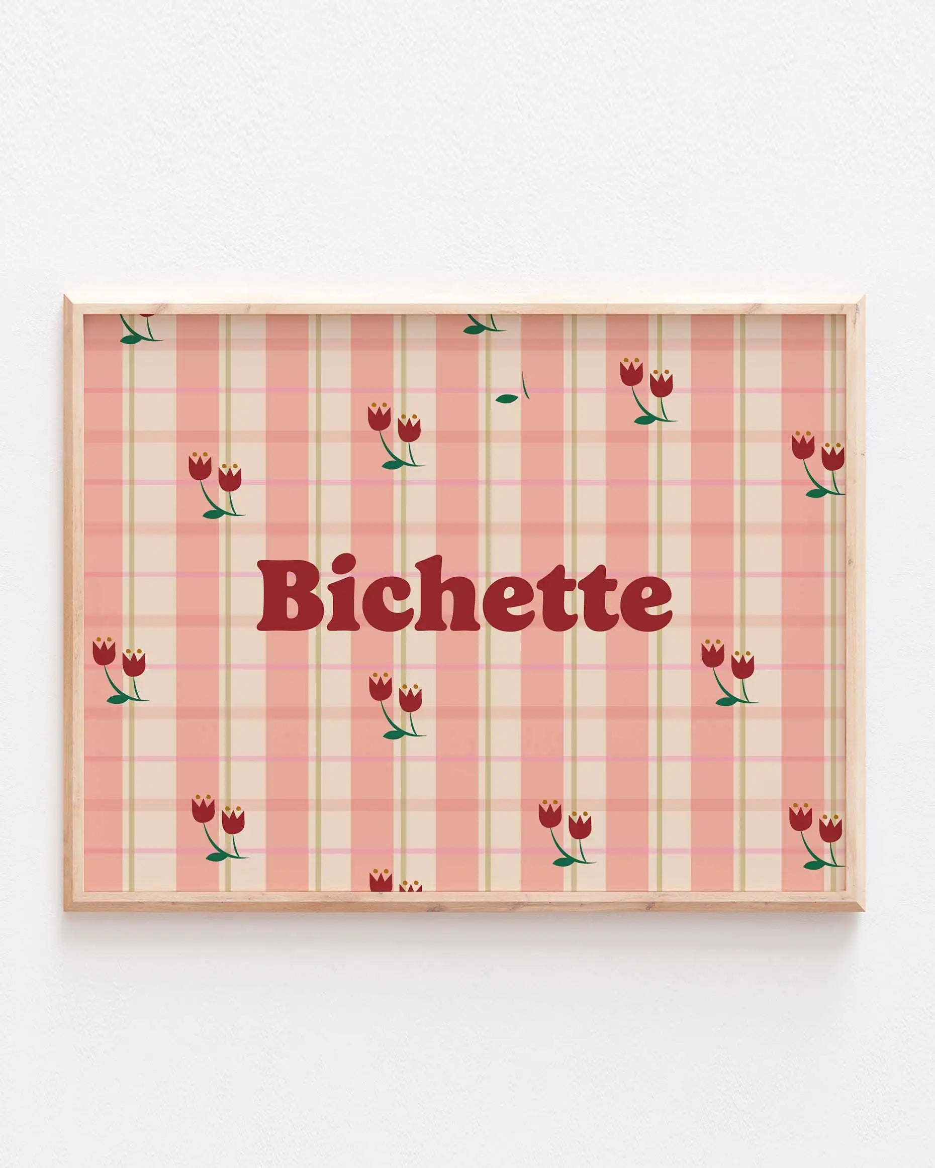 Affiche Bichette pour chambre ou salon, illustration rétro et colorée avec carreaux et fleurs, déco mignonne et chaleureuse.