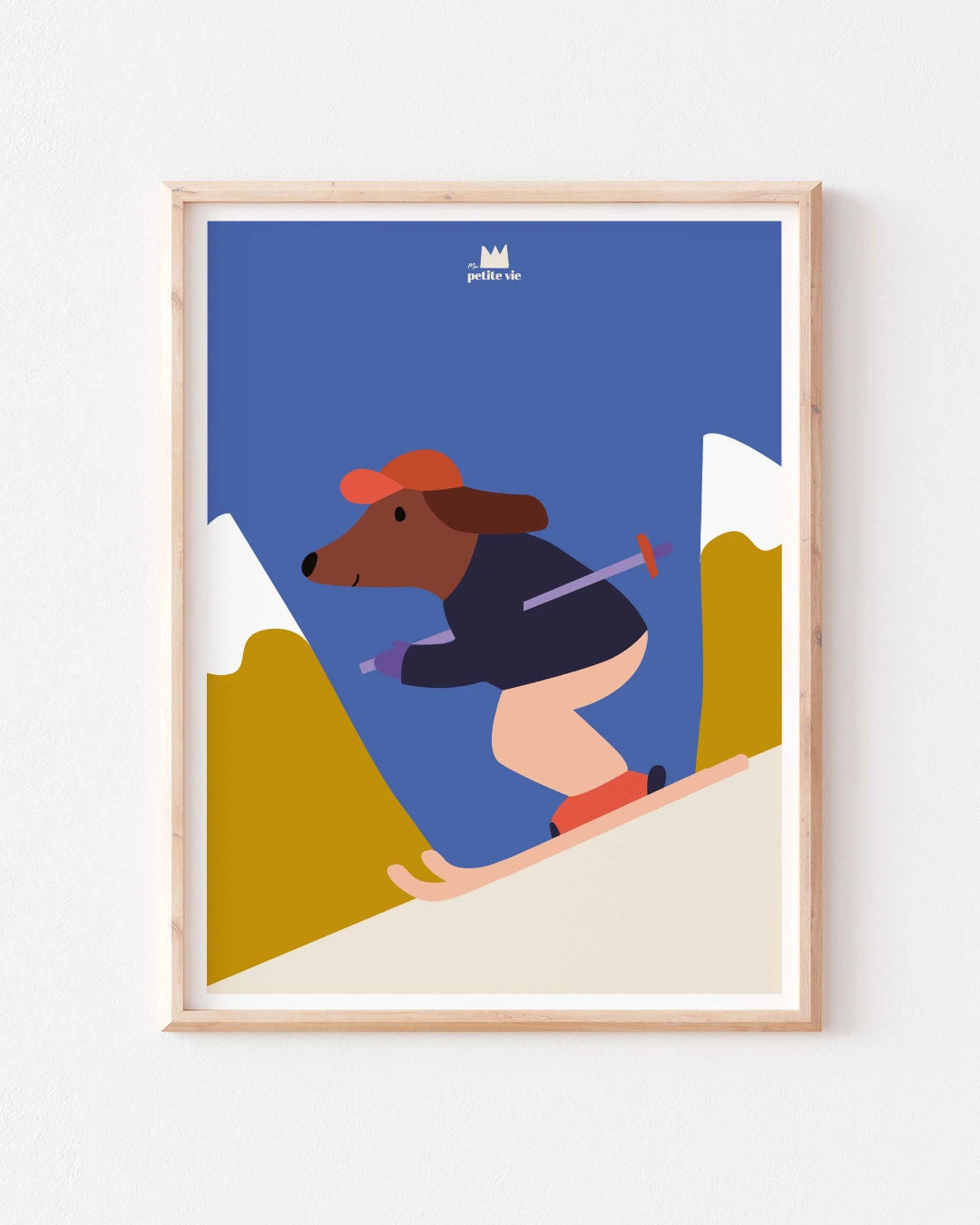 Illustration d’un chien faisant du ski sur une piste enneigée, ambiance fun et dynamique