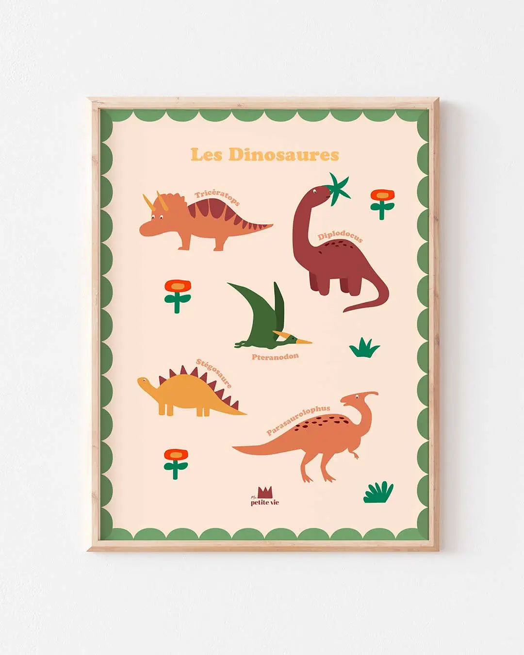 Affiche Dinosaures 30x40 cm pour chambre d’enfant, illustration pédagogique et colorée des créatures préhistoriques.