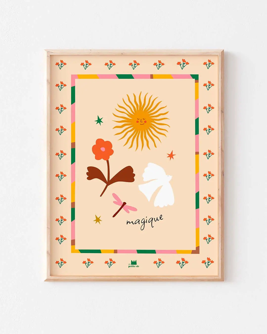 llustration poétique d’un oiseau en vol, d’un papillon et d’un soleil doré créant une ambiance douce et magique.