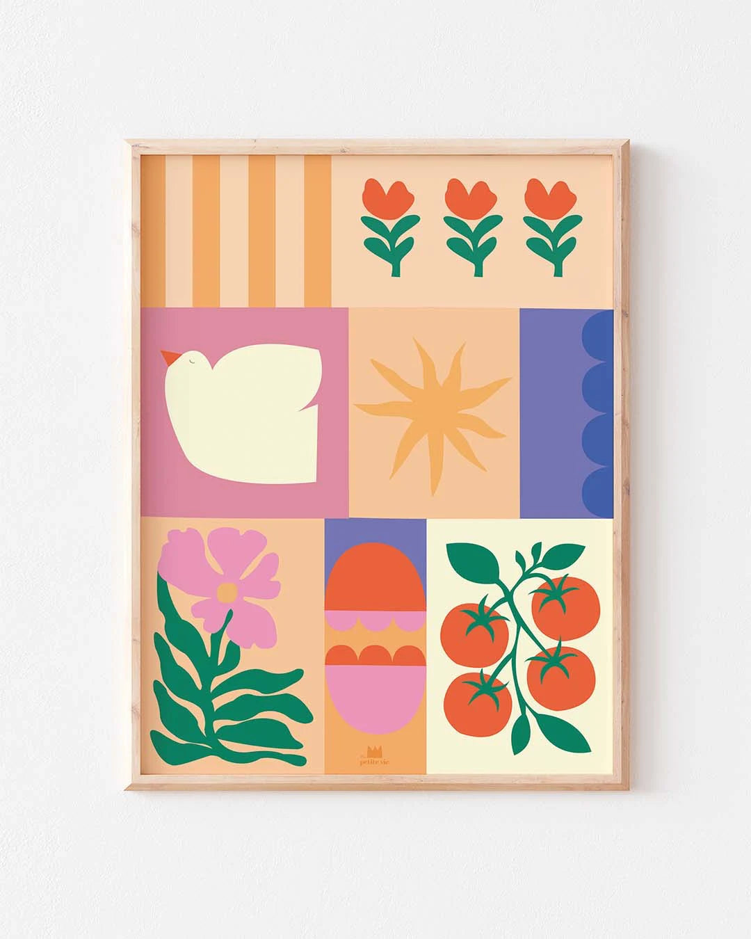 Affiche murale Patchwork Estival, motif graphique et joyeux avec fleurs, tomates et soleil pour décoration intérieure.